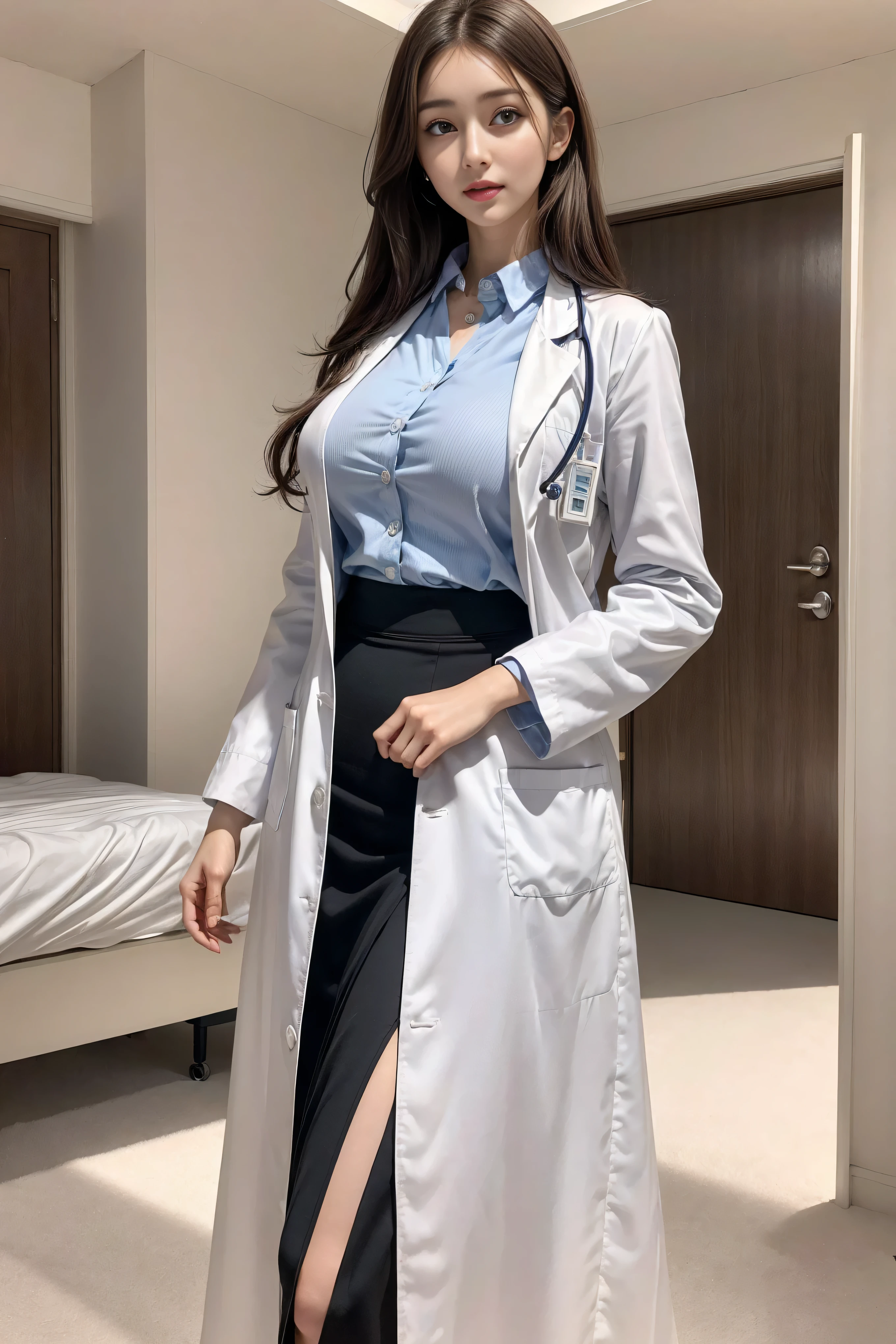 (Photorealistic beautiful doctor sitting on chair with legs crossed)、stunningly beautiful、((doctors white coat)), Collared shirt、(top-quality、,hight resolution、8K、32K、masterpiece、nffsw:1.3)、超A high resolution,(Photorealsitic:1.4),Raw photography, Detailed face,,Brown bob hair,real looking skin、 ((Doctor Style)), ,(( Silk blouse、Black tight skirt、 Black pantyhose))、Natural makeup,, 、Examination room based on white, Detailed background, Perfect Lighting, depth of fields, Beautiful shadow gradient,(stethoscope) ,Face Focus、(Doctor's Name Tags)、