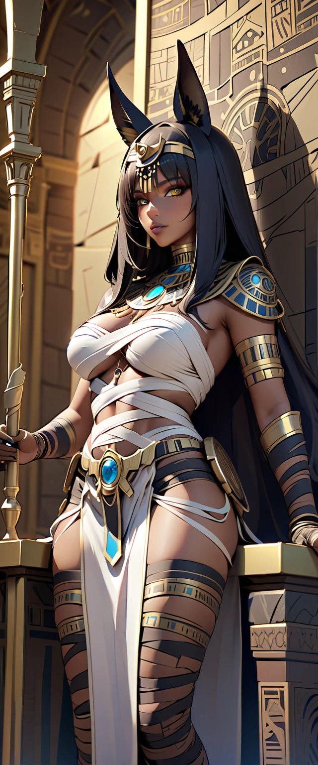(masterpiece:1.2, Highest quality,Highest quality,Super detailed),8k,Wallpaper Female Anubis God,(Detailed face,Beautiful Face,Beautiful Skin,Dark Skin,Beautiful Hair),(Functional),(Revealing outfits),(Shining Jewelry),(Shiny Costumes),Perform a procedure on a mummy in the mummy storage room
