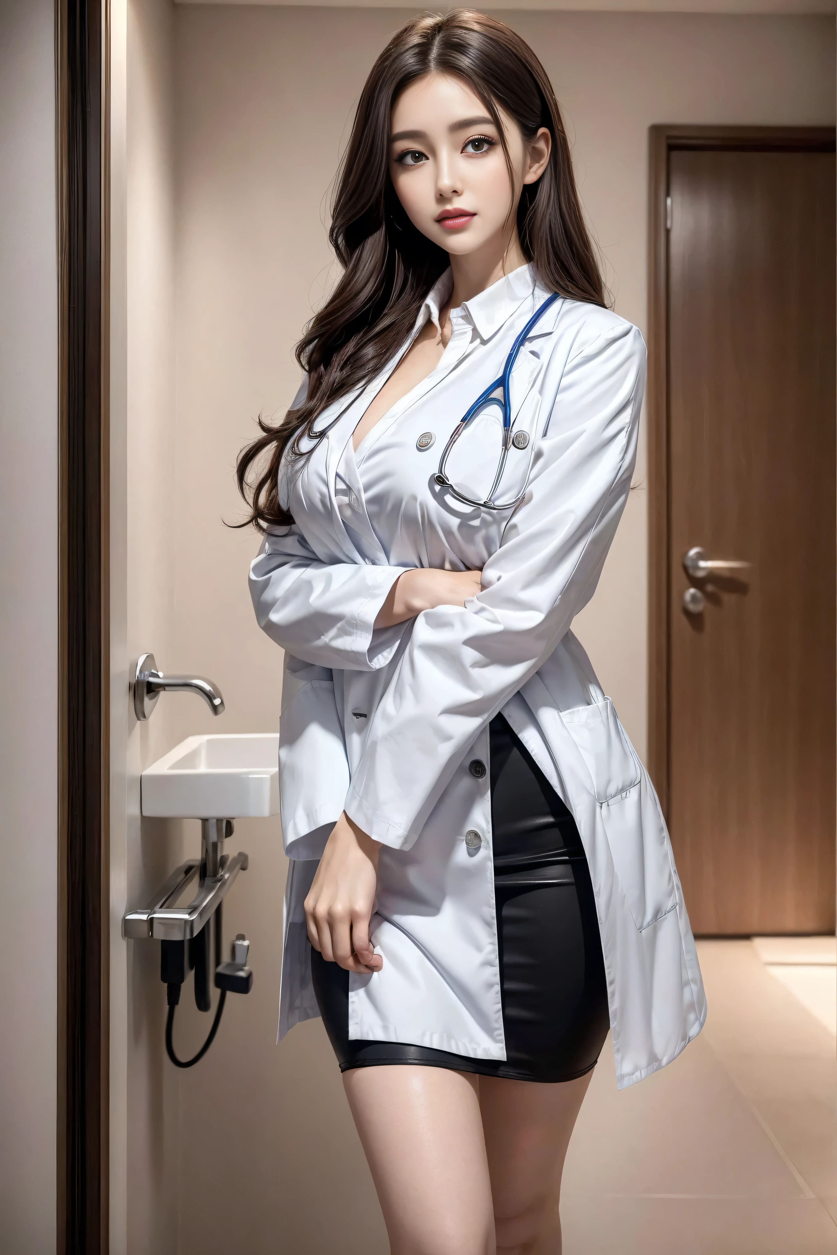 Realistic beautiful doctor、Astonishingly beautiful、doctor white coat, collared shirt、(top quality、8K、32K、masterpiece、north african trade zone:1.3)、ultra high resolution,(Realism:1.4),original photography, Detailed face,,beautiful hair, ((Doctor style)),,((Leg length)), (thigh gap:1.5), , black bodycon skirt、 natural makeup,, plump big breasts、inside the hospital, Detailed background, perfect lighting, depth of field, beautiful shadow gradient,stethoscope ,