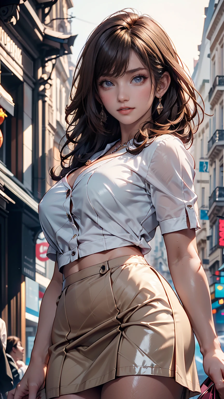 24-year-old woman、Sexy proportions、Narrow waist、slender、Sexy、Multi-colored hair、High-necked lace dress、Long sleeves(Covered to the fingertips)、Longer length、Low rise leggings、Touching your hair、Background of skyscrapers so tall you can look up