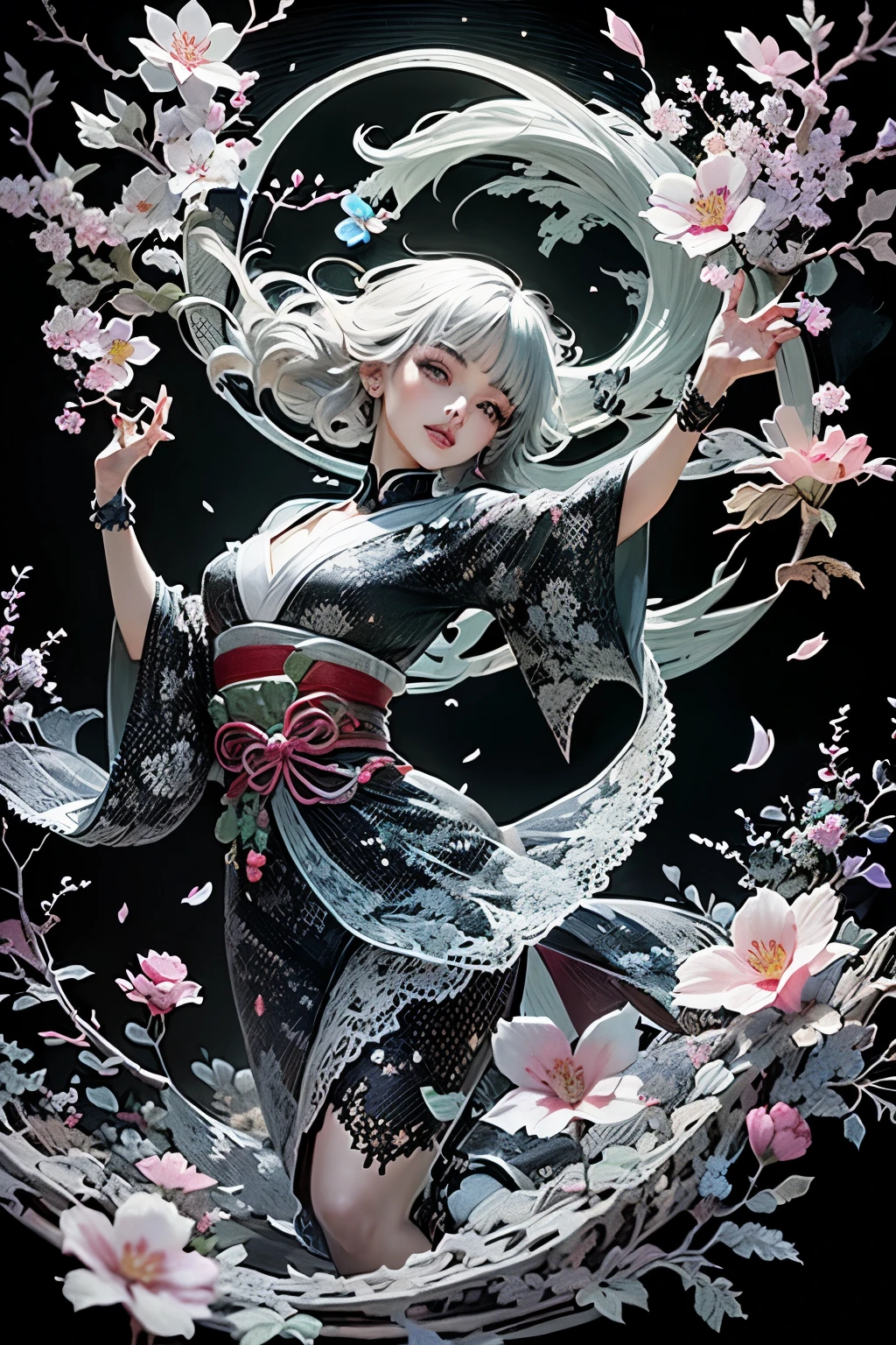 (Ultra-detailed face, Looking away, Gothic Illustration, Dark tone colors. She has five fingers on her hands and five toes on her feet.), BREAK
(The small pale moon shines late at night. Cherry blossoms in full bloom. Fantastic. Mysterious. Elegant. Covered with cherry blossoms in full bloom. Petals sparkling in the wind. Blizzard of flowers. A view looking down on a woman from above.), BREAK
(The dark elf dancer turns her back, twists her body, and stands under a thick cherry tree filled with cherry blossoms, gracefully fans the petals with a Japanese fan, and dances with a big wave of her hand. The woman smiles.), BREAK
(She has gray hair, gray eyebrows, blunt bangs, waist-length windswept hair, small pink lips, lavender eyes, dark gray skin, and thick Egyptian eyeliner.), (She wears a small, ornate, semicircular vermilion comb in her hair and a lacy Japanese kimono made of bright green silk with cherry blossoms all over it. She wears white tabi socks and black wooden geta with a red nose strap.)
