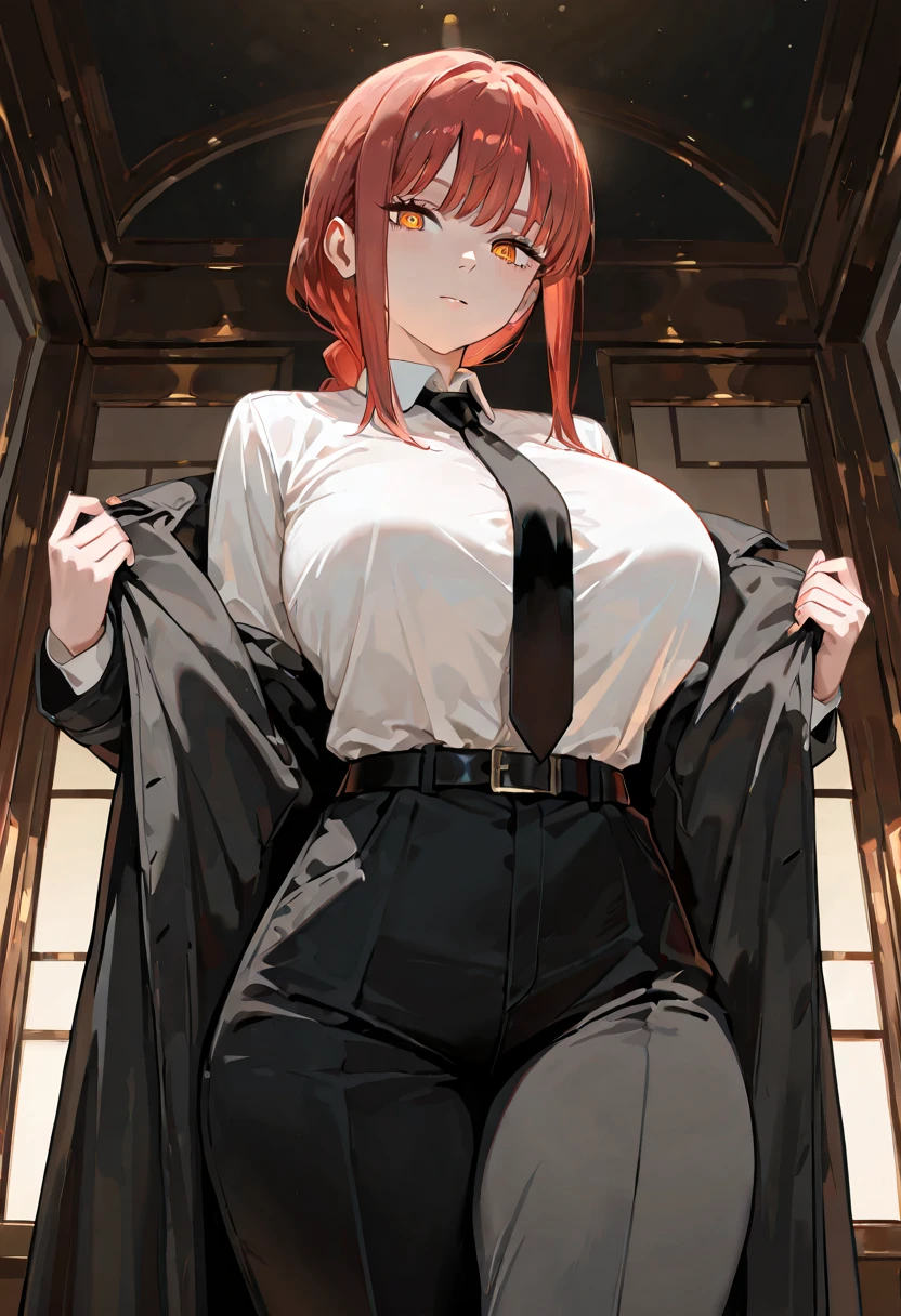 (masterpiece, best quality:1.2), cowboy shot, solo, 1girl, makima, expressionless, closed mouth, looking at viewer, hands in pockets, braided ponytail, ringed eyes, formal, coat, collared shirt, black necktie, black pants,NSFW,official art,extremely detailed CG unity 8k wallpaper, perfect lighting, (masterpiece:1.0),(best_quality:1.0), ultra high res,4K,ultra-detailed, photography, 8K, HDR, highres, absurdres:1.2, Kodak portra 400, film grain, blurry background, bokeh:1.2, lens flare, (vibrant_color:1.2),(beautiful_face:1.5),(narrow_waist),(perfect hands, perfect anatomy),
