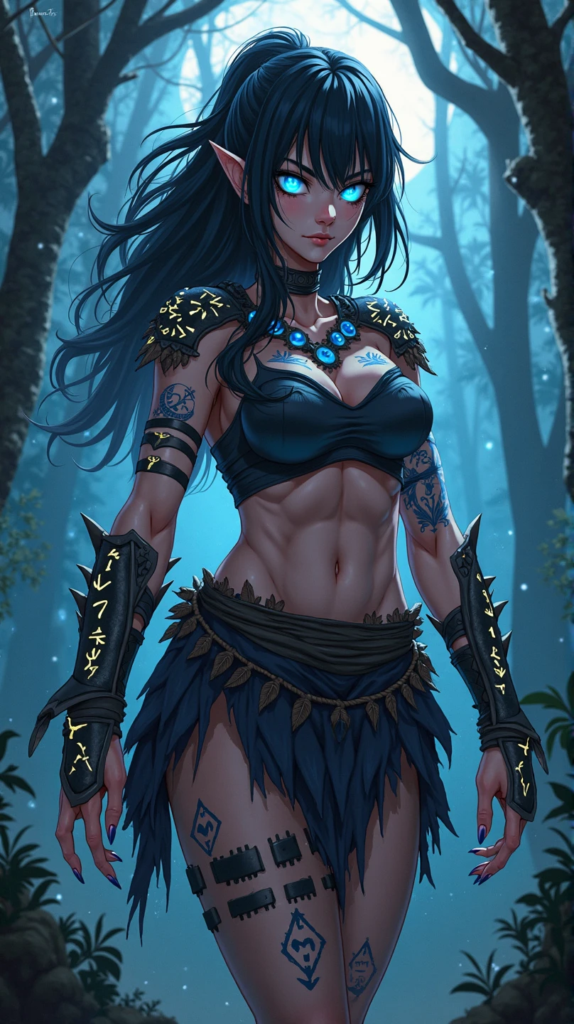 Beautiful muscular woman, leather armour , Skin elements on armor, metal tips and rivets , long black hair, brown dark eyes, Dark and bright cosmetics, Realistic brown skin, moist skin on the body and face, perfect sexy body, Full length, Ruins of the ancient city, moss on trees, many fine details, Fine tattoos printed on the body, A realistic masterpiece, THREAD PANTIES, SMALL THONG PANTIES, string panties