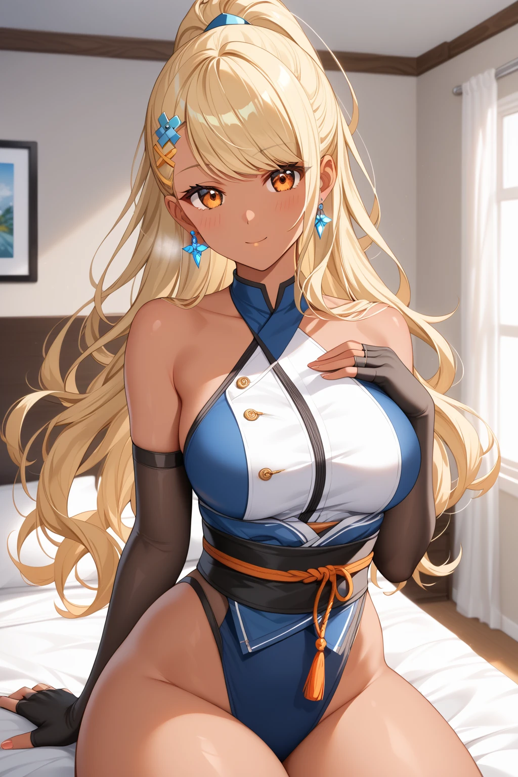 Masterpiece: 1.2, best quality, realistic, (real image, intricate details, depth of field), beautiful blonde woman, she has stunning blue eyes, highly detailed, perfect face, (huge breasts: 1.3), (skin dentition), thick thighs, wide hips, small waist, tall, (huge ass: 1.1), blushing, sexy, nijistyle, bodybuilding