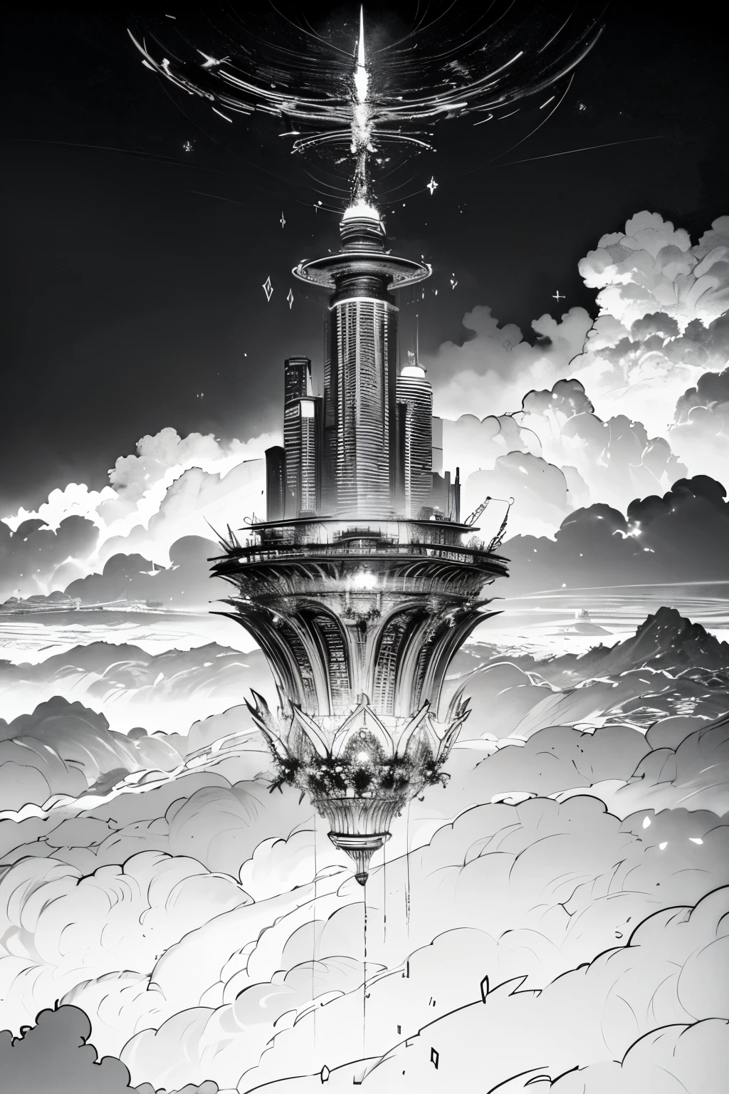 As a coloring book, the color should be black and white, the border should be simple, official art, wallpaper, very detailed, Masterpiece, top quality, real portrait , (ZenTangle, Mandala, Tangle, EnTangle), Complicated clothes, very detailed, dynamic angle, the most beautiful form of chaos , elegant, brutalist design,(bosquejo). ((A floating city above glowing clouds, with towering crystalline skyscrapers and airships gliding through neon-lit streets.))