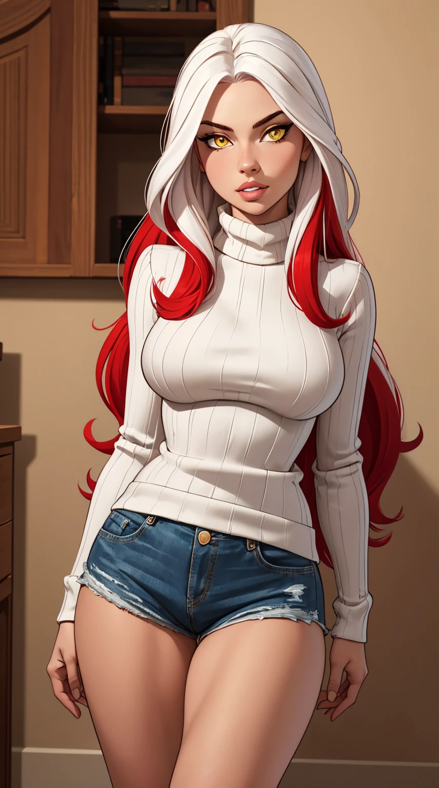 high angle photo of a gorgeous young woman in the style of stefan kostic, (red hair), very very long hair, very big blue eyes, realistic skin texture, looks up, white sweatshirt, white thong, slender hips, 1 / 2 body crop, 8 5 mm art lens, f 1. 2, sharp focus, 8 k high definition, insanely detailed, intricate, elegant, art by stanley lau and artgerm