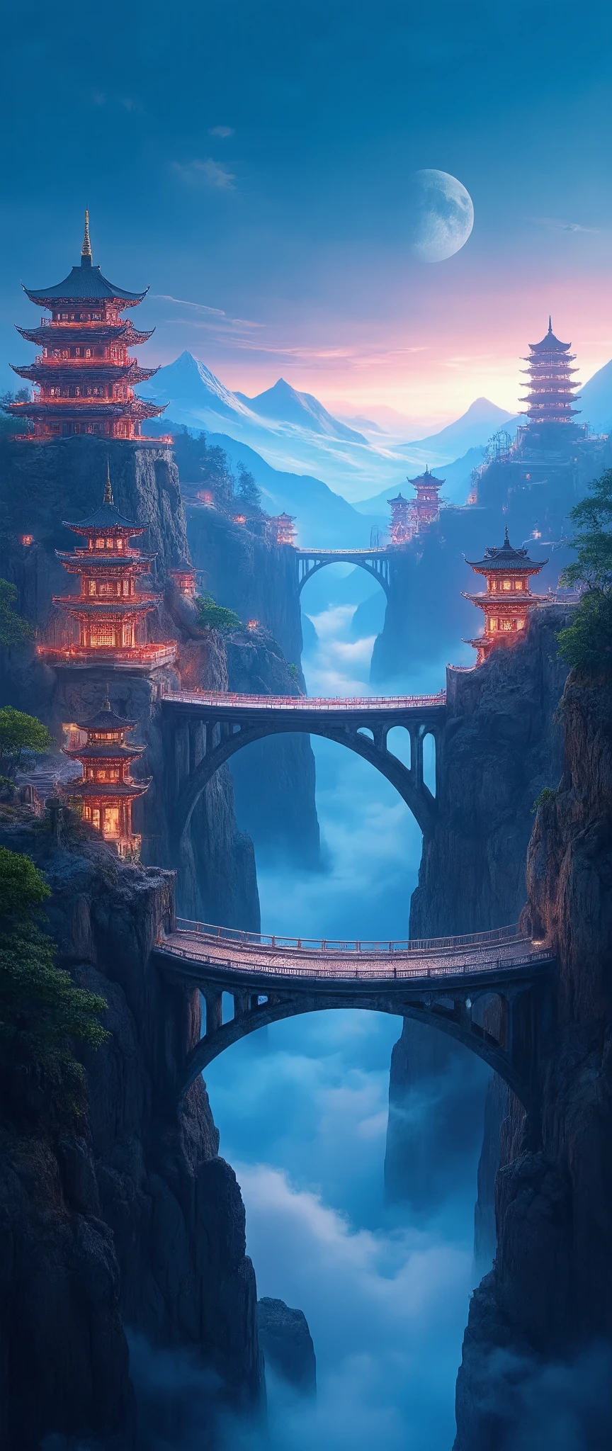 Otherworldly space、Close to space、Asian Cities with Bridges Over Clouds、Lost City Photos、picturesque background、Digital Images of Red Temples、cyberpunk、High Resolution Backgrounds Glowing Ancient Castles、A dreamy city above the clouds、Highly detailed digital images、High Resolution Digital Paint、Detailed Scenery、Close to space。