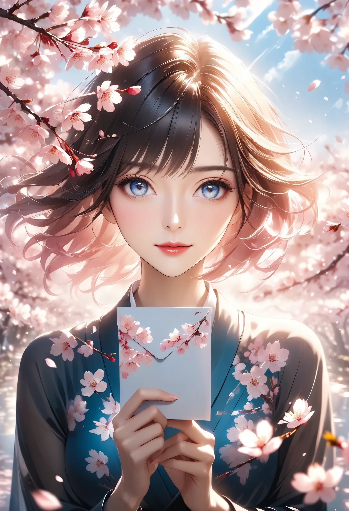 is staring at you, A letter superimposed with multiple exposures, A bright and beautiful adult woman who creates signs of spring in a scene of cherry blossoms scattering, Please convey positive appeal along with the cherry blossoms blooming