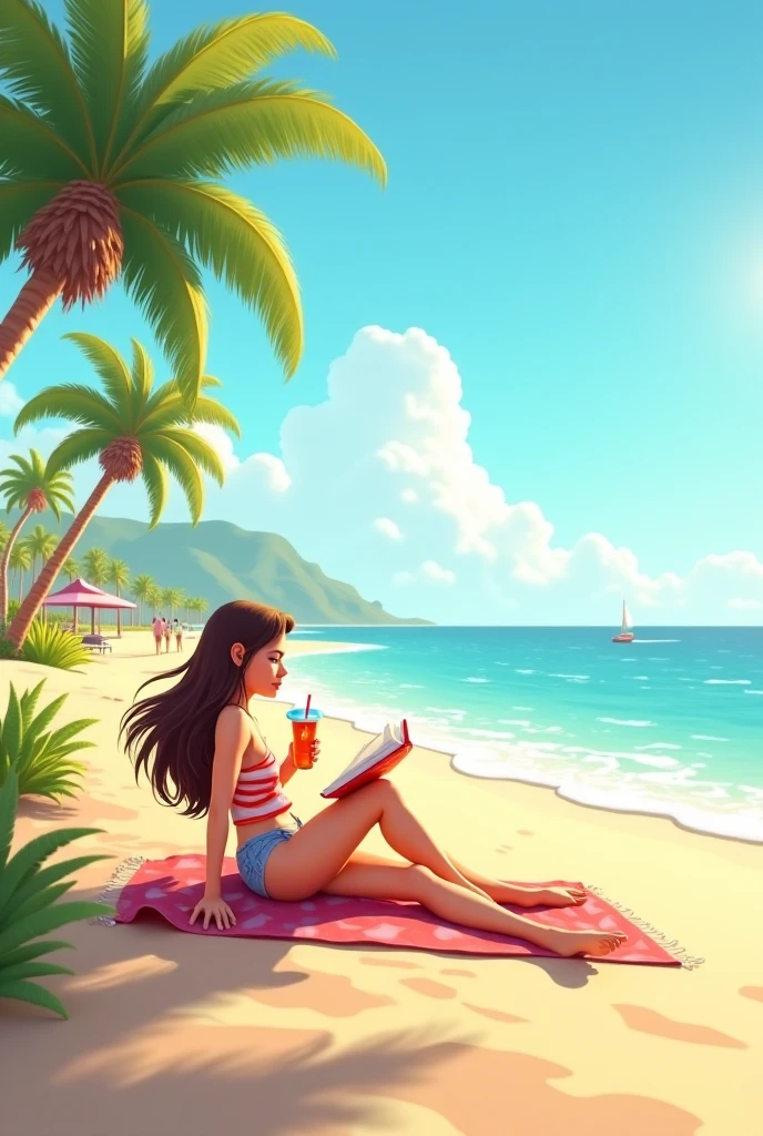 Une fille sur la plage a Hawaï qui a des cheveux brun foncé mi long avec une fleur rose dans les cheveux avec des formes qui boit un coktail sur son transat en train de lire un livre avec le titre sur la couverture « les aventures de Merine à Hawaï »
Elle est sur la plage on voit en fond la plage avec des planches de surf visible et un panneau où il est écrit Hawaï dans le fond avec les planches de surf en version pixar