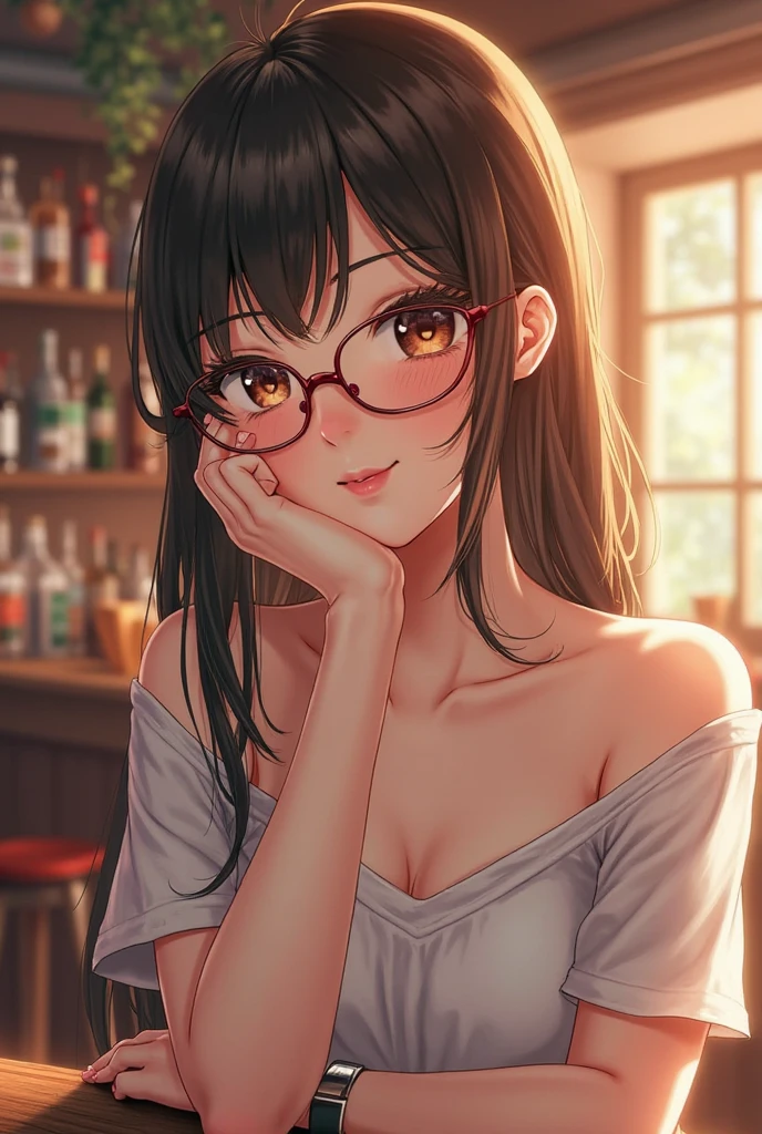 “High-resolution, ultra-detailed anime-style illustration of a beautiful woman with shoulder-length coffee-colored hair and blue eyes. She wears circular Ray-Ban style glasses and an orange blouse. A detailed tattoo adorns her left arm. The scene is set in a medieval tavern, with rustic wooden furniture and a warm, ambient glow from lanterns. The woman is seated comfortably, with intricate details on her clothing, glasses, and surroundings. The style is enhanced CGI, capturing every nuance of her features and the atmosphere.”