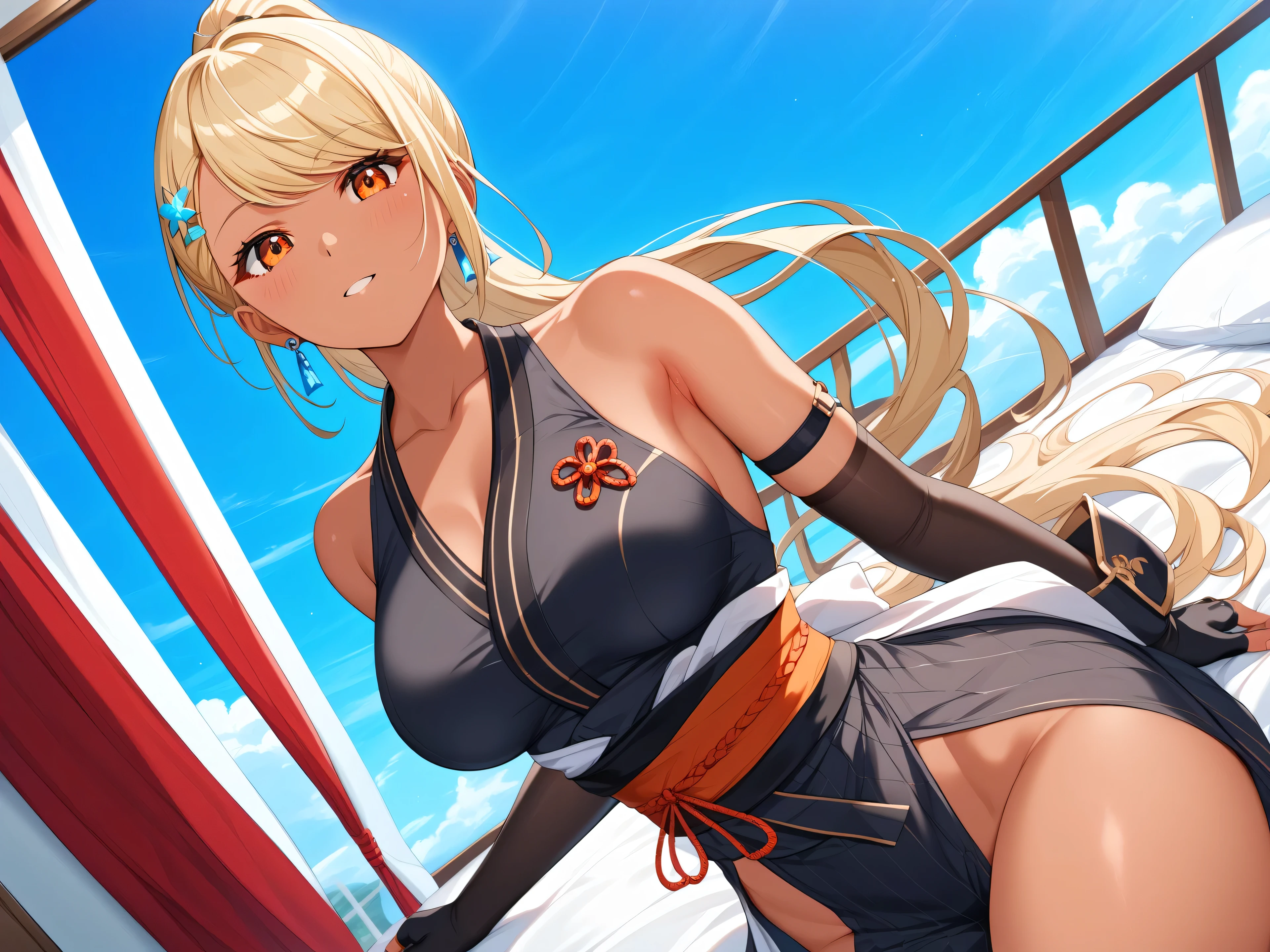 master piece、Best Quality,Super detailed,High resolution,Extremely detailed CG,Unity 8K Wallpaper,weat,score_9, score_8_up, score_7_up, score_6_up, score_5_up, score_4_up, source_anime,QpiOriginal, orange eyes, dark skin, blonde hair, long hair, high ponytail、swept bangs, flower hairclip, blue earrings, gloves, bare shoulders, black gloves, elbow gloves, fingerless gloves, ninja,professional quality、big hip、medium breasts,nsfw,bed room,nsfw,Romanticism、thick thighs,wide hips,NSFW,armpit focus,in heat,big butt,Official Art,mature female、