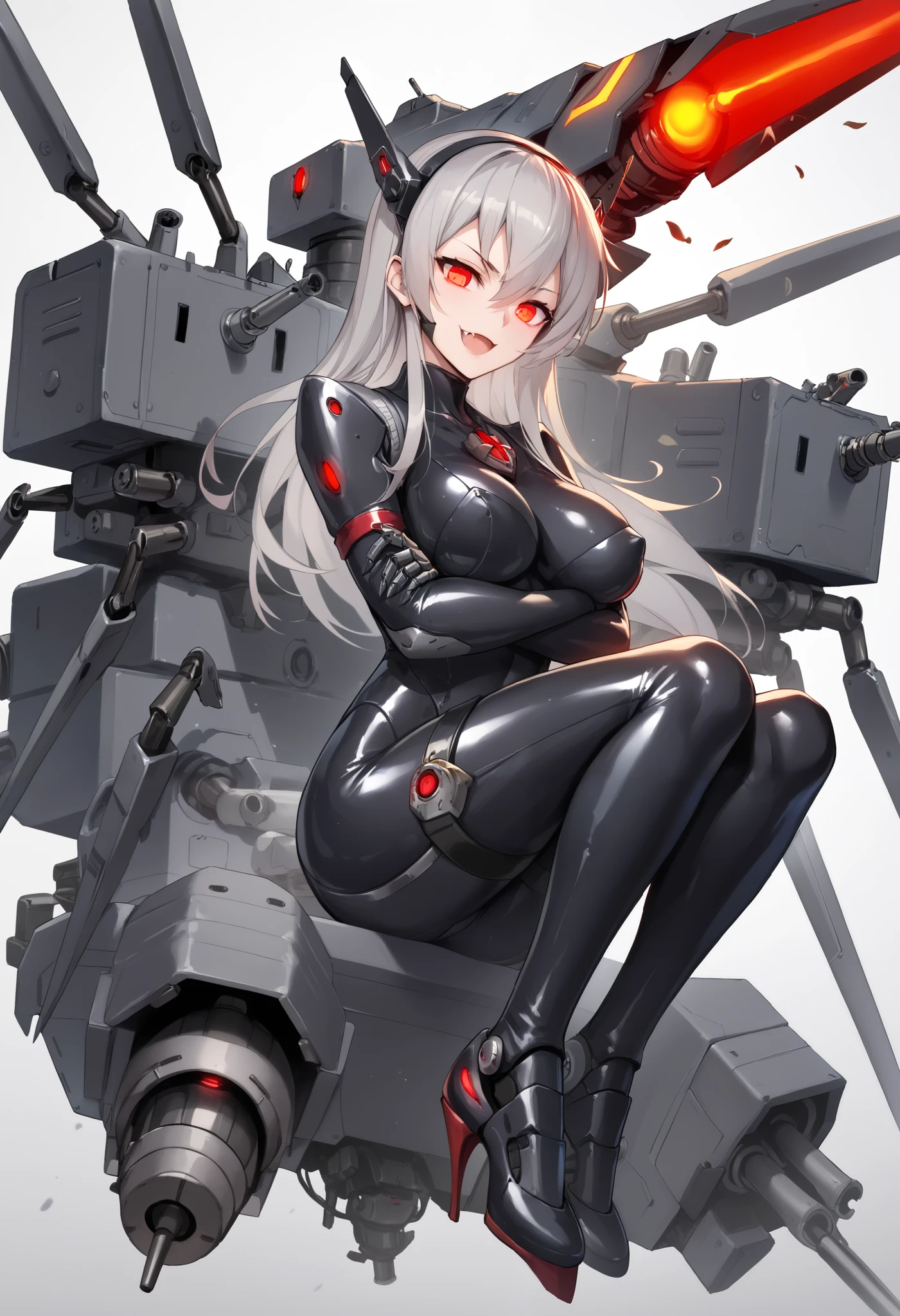 Mechanical Weapon Girl. (Close-up)Full body bodysuit. Latex. Cyber wind. Light armor. A look of contempt. Grey hair. Breasts perky. Glowing red eyes. Glowing core. A mechanical monster in the background. large sharp claws; Mechanical Fang. Red and black machine. Battleship. Sit down. Cross legs. Arms crossed. A swarm of mechanical insects.