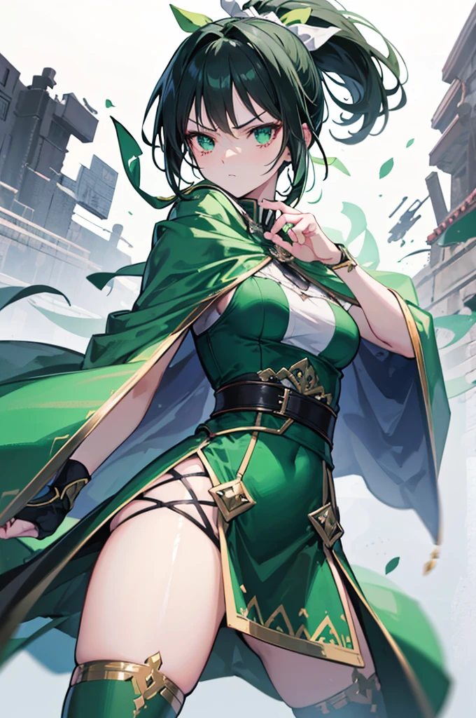 absurd res, high res, (masterpiece:1.4), ultra-detailed, girls, from rear, from below, space, floating, dark green Japanese traditional dress mixed with black, dark green + black dress, black stockings, dark green hair, violet eyes, hands out of frame, furry ears, slightly open top, fox ears, medium breasts, boobs, glassy eyes, no human ears, glassy purple,