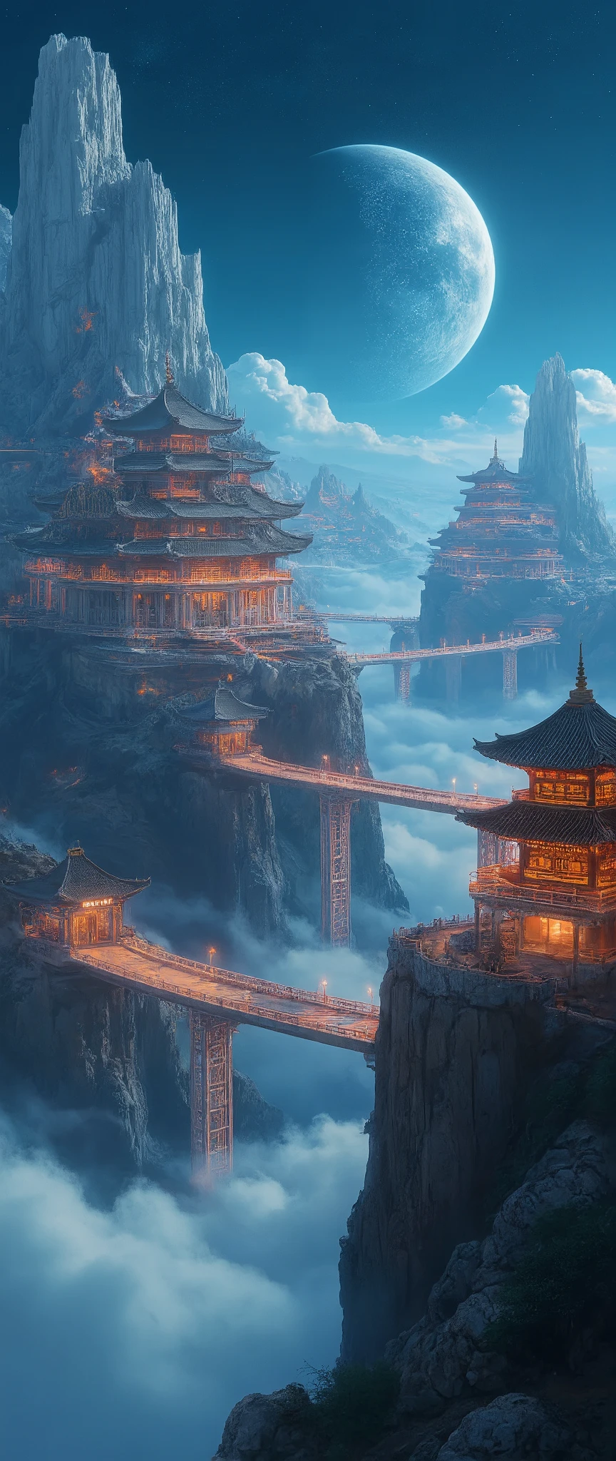 Otherworldly space、Close to space、Asian Cities with Bridges Over Clouds、Lost City Photos、picturesque background、Digital Images of Red Temples、cyberpunk、High Resolution Backgrounds Glowing Ancient Castles、A dreamy city above the clouds、Highly detailed digital images、High Resolution Digital Paint、Detailed Scenery、Close to space。
