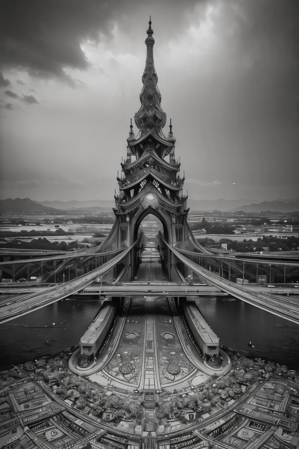 As a coloring book, the color should be black and white, the border should be simple, official art, wallpaper, very detailed, Masterpiece, top quality, real portrait , (ZenTangle, Mandala, Tangle, EnTangle), Complicated clothes, very detailed, dynamic angle, the most beautiful form of chaos , elegant, brutalist design,(bosquejo). ((A futuristic city suspended in the sky, connected by glowing bridges and surrounded by hovering islands.))