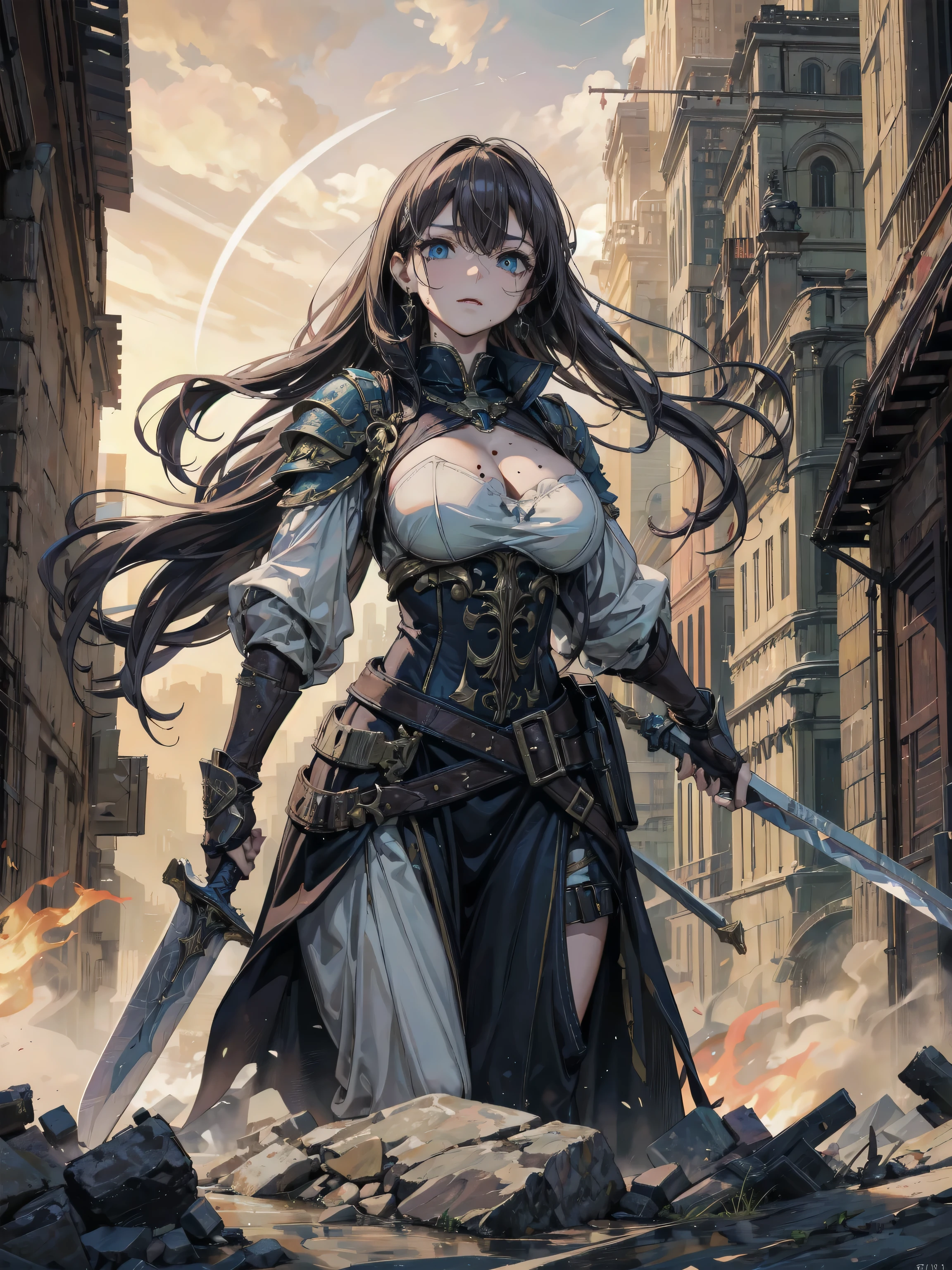 (masterpiece, best quality:1.2), dynamic pose,standing,1girl,(mature female, tall female:1.2),large breasts,<lora:adventurers_v1:1>