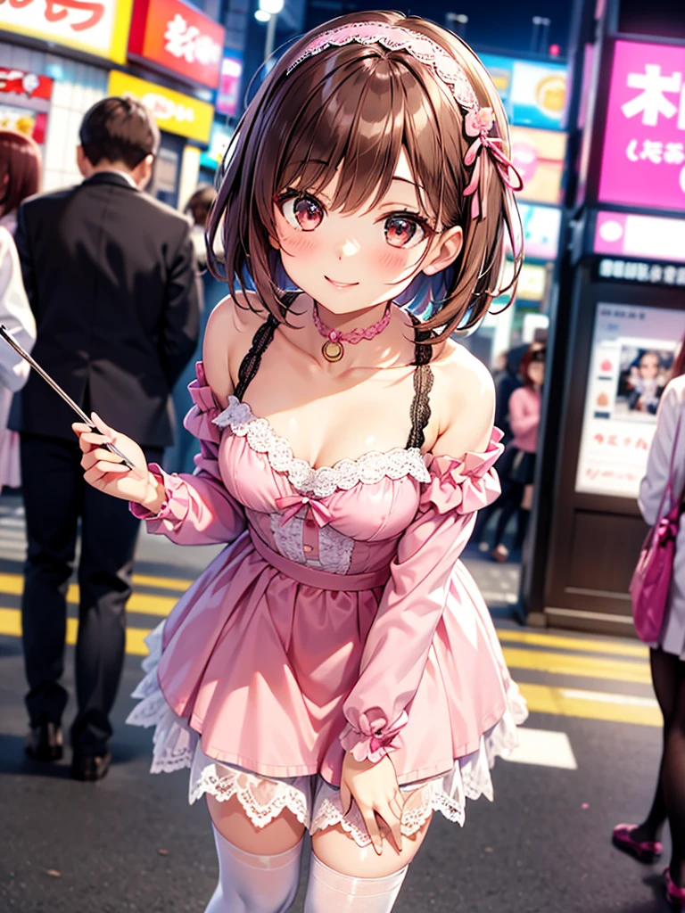 masterpiece, Highest quality, Nico_Yazawa,High resolution, 1 Girl, alone, Brown Hair, short hair, Twin tails、Purple eyes, Cowboy Shot, Frill dress, , Pink Dress, (Cleavage)、(Beautiful thighs)、city, Outdoor, garden, Carrying a red backpack, (randoseru backpack:1.2) Sweaty、Thick thighs、Highest quality、4K、1girl, 8years old, , cute, grin, 、Skirt lift striped underwear、In the city、Many passersby are surrounding the girl.、、Thick thighs、Mesgaquismileen masturbating while surrounding a girl、Semen from the penis、Bukkake、Bukkake、(Bukkake)