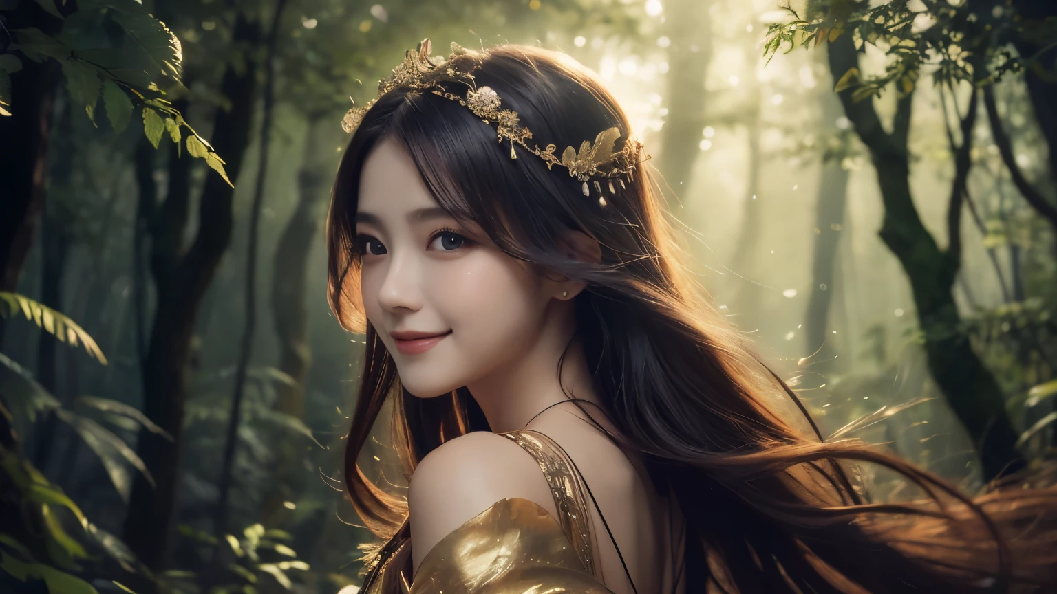 The gorgeous goddess of love is facing forward.、The air around her seems to rise up.。Her hair flutters in the wind、The light shines on her skin。A mysterious forest spreads in the background.、It is filled with divine energy.。This fantastical goddess figure、It will bring us love and magic.。
