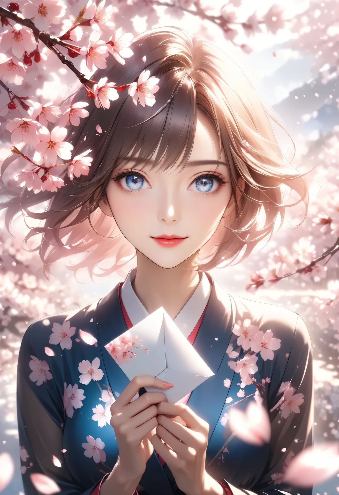 is staring at you, A letter superimposed with multiple exposures, A bright and beautiful adult woman who creates signs of spring in a scene of cherry blossoms scattering, Please convey positive appeal along with the cherry blossoms blooming