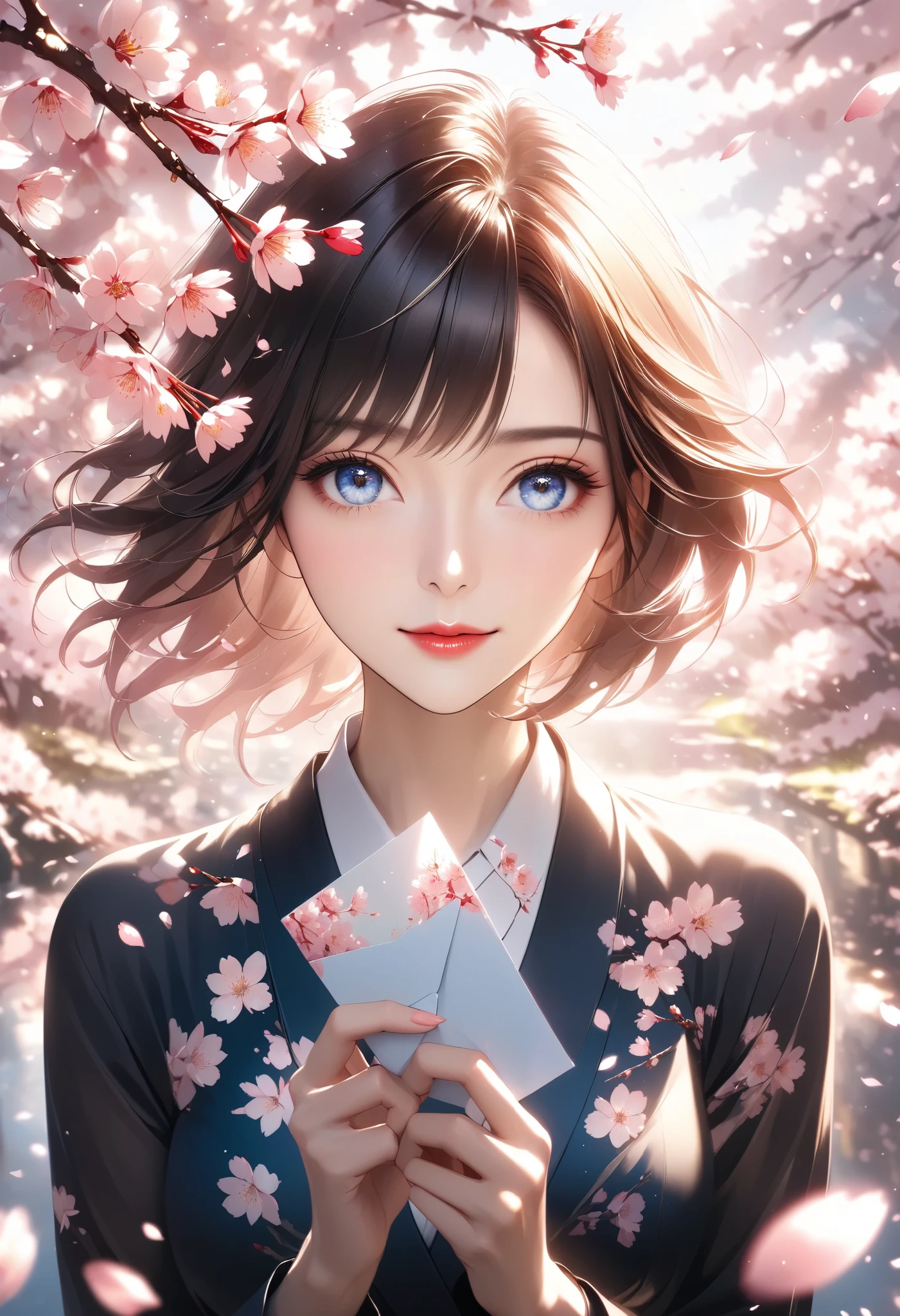 is staring at you, A letter superimposed with multiple exposures, A bright and beautiful adult woman who creates signs of spring in a scene of cherry blossoms scattering, Please convey positive appeal along with the cherry blossoms blooming