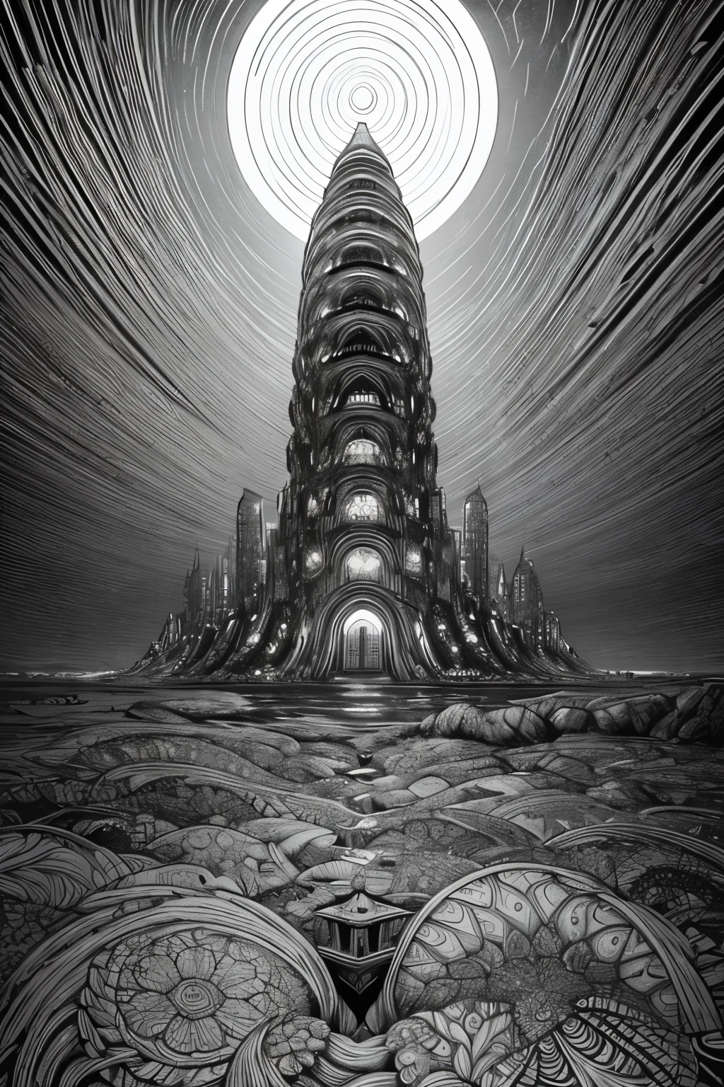 As a coloring book, the color should be black and white, the border should be simple, official art, wallpaper, very detailed, Masterpiece, top quality, real portrait , (ZenTangle, Mandala, Tangle, EnTangle), Complicated clothes, very detailed, dynamic angle, the most beautiful form of chaos , elegant, brutalist design,(bosquejo). ((A submerged cyber-fantasy city where bioluminescent structures rise from the deep ocean, glowing with ancient energy.))
