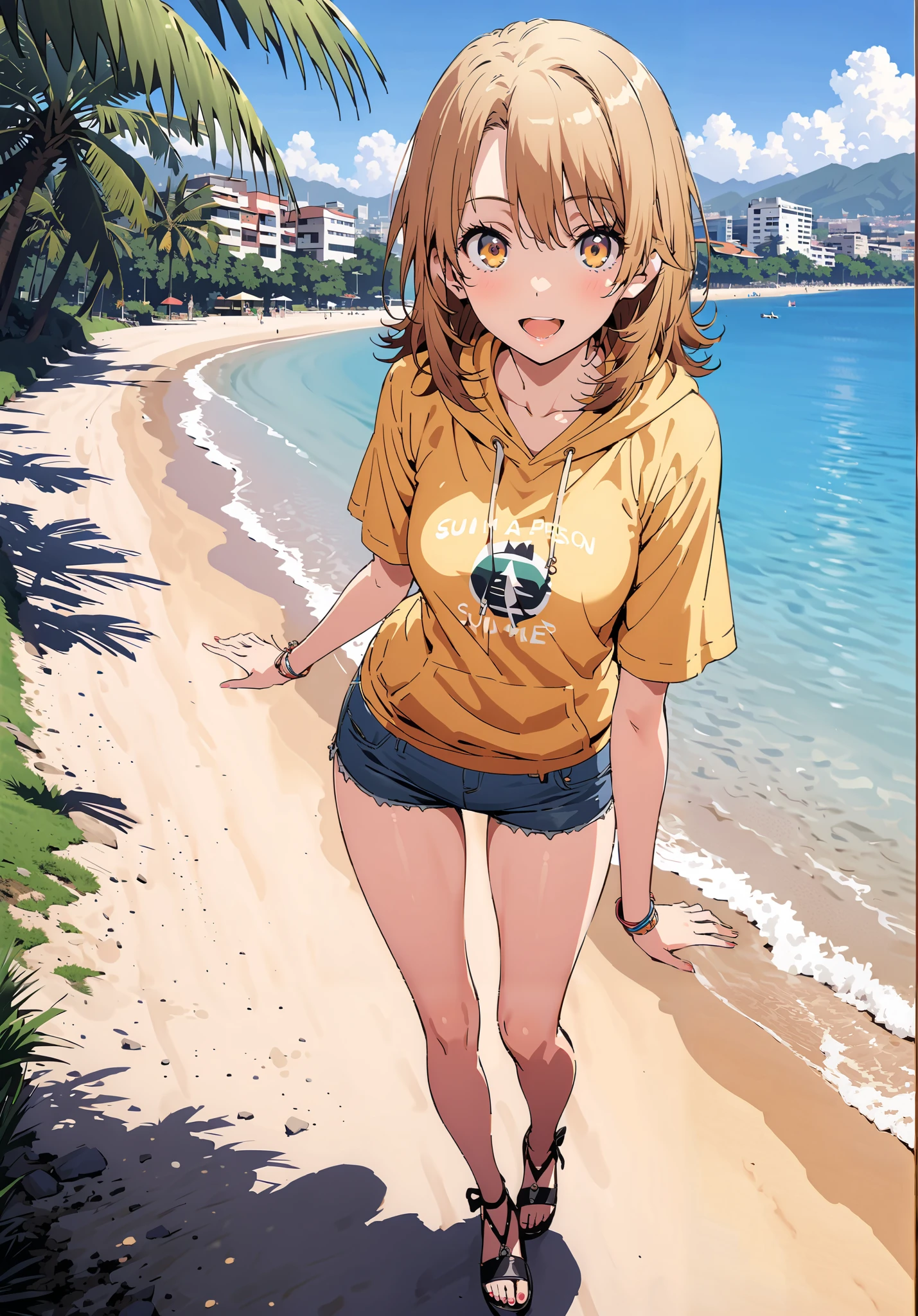 Irohaisshiki, Isshiki Iroha , short hair, black cock, brown eyes,smile,cover,opens her mouth,Yellow oversized hoodie,Short sleeve,denim micro shorts,sandals,Palm Trees,Everlasting summer,noon,clothed,Beautiful cityscape,sea,full bodyがイラストに入るように,break outdoors,sea岸通り
break looking at viewer,full body,
break (masterpiece:1.2),top quality , kampala,Unity 8k Wallpaper,(shape:0.8),( fine, beautiful eyes :1.6),It's a person ,full body写真,CG Details , (perfect hands,complete anatomy),