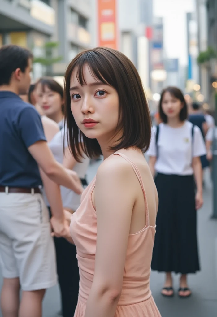 The 8k quality、Top image quality、超A high resolution、masterpiece、Photorealsitic、1 girl in、tense look、Trendy makeup、bob cuts、Trendy Fitted Dresses、ciinematic light、The protagonist、the chaos、Super Slender、D-cups、Do not wear underwear、in a crowd of people、Number of people who are about to be crushed、Dynamism、Magic Hour、Beginning of the story、Magazine covers、Focus only on the main character、The best looks in the world