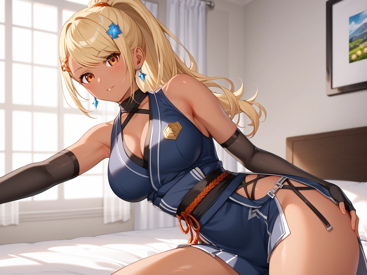 masterpiece, best quality, ultra-detailed, hires, beautiful, detailed hair and eyes,
1girl, orange eyes, hair ornament, ribbon, hairband, very long hair, animal ears, yasaka dxd, large breasts, blonde hair, long hair, fox ears, tail, thick eyebrows,
<lora:dxdV11-000003:0.65>,
(dxd armor:1.4), breastplate, fingerless gauntlets, boots, hip guards, black leotard underneath breastplate, black thigh-high stockings,
standing, hands up