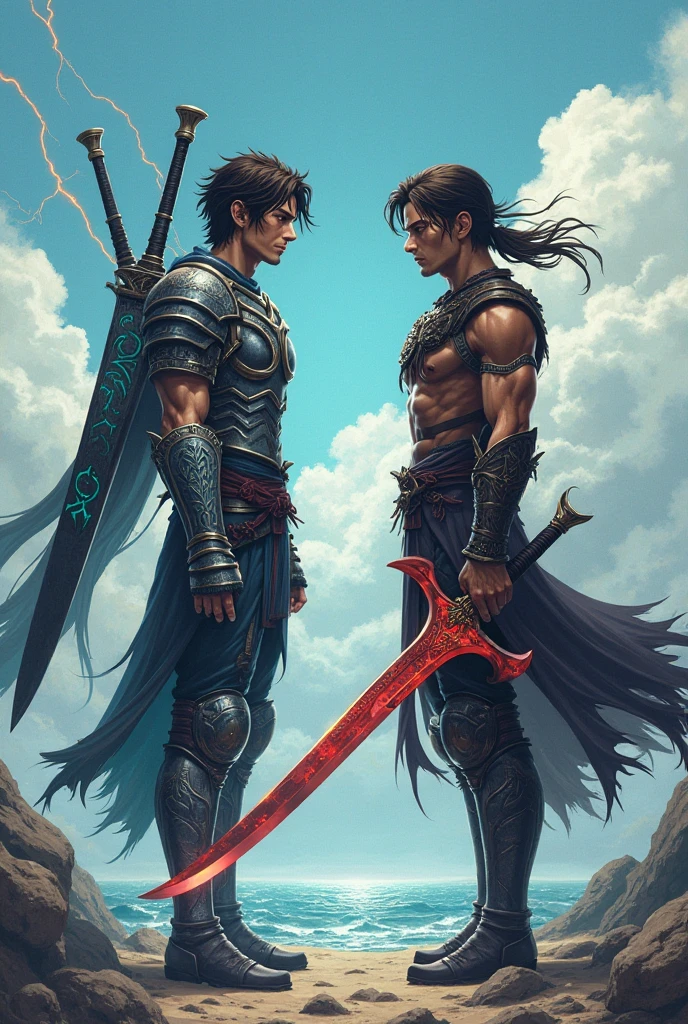 Barbarian with dark brown long hair, without armor and in the skin of a beast, with a bear amulet, two-handed sword, eye color - brown, dark skin, angular features symmetrical facial features