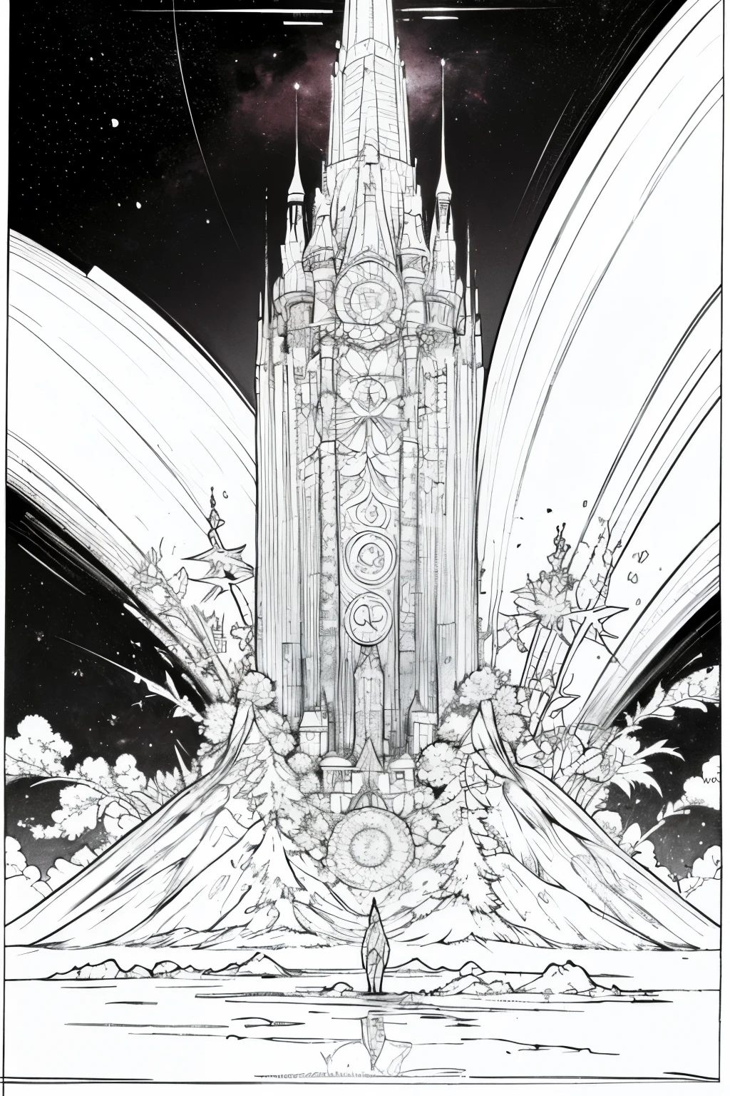 As a coloring book, the color should be black and white, the border should be simple, official art, wallpaper, very detailed, Masterpiece, top quality, real portrait , (ZenTangle, Mandala, Tangle, EnTangle), Complicated clothes, very detailed, dynamic angle, the most beautiful form of chaos , elegant, brutalist design,(bosquejo). ((A majestic city of towering crystal spires, reflecting the cosmic light of a distant nebula.))