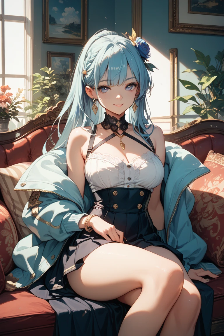 Anime Moe Art Style,highest quality,High resolution,Anatomically correct,One Girl,Mid-teens,A girl with light blue hair in a ponytail,Super detailed,Fantasy-style world,off shoulder tops,mini skirt,barefoot,Big Breasts,smile,Bright smile,A rich expression,Sitting on a large sofa with both knees raised,Spreading the Bible,Eyes drawn in detail,hair ornaments,necklace,bracelet,ring,8K