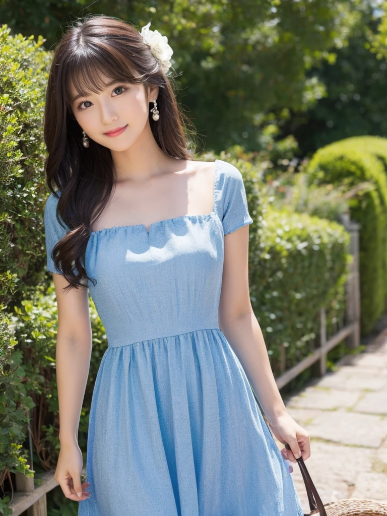 (Full Body Shot:1.4), (panorama:1.8), Cinema Lighting, ((Highest quality)), (RAW Photos, Highest quality), ( Realistic:1.4), realism, masterpiece, Very delicate and beautiful, Very detailed, 4k wallpaper, wonderful, finely, Very detailed CG unity 8k wallpaper, Very detailed, High resolution, Soft Light, Japanese, (one shot:1.9), (24-years-old:1.6), (Round face:1.2), (Fat:0.8), Beautiful detailed woman,Famous Japanese actresses, Detailed face, finelyて美しい目, Very detailedな目と顔, Beautiful eyes and a beautifully detailed nose, Ultra HD glossy lips, (Straight Hair:1.4), Shiny Hair, Shiny Hair, Brown Hair, (bangs:1.4), Long, slender legs, Toned body, (Smiling:1.2), Natural Makeup, (LET IT PASS, Light blue, Short sleeve long dress:1.8), (A very intricate and elaborately decorated dress:1.3), (pumps:1.2),