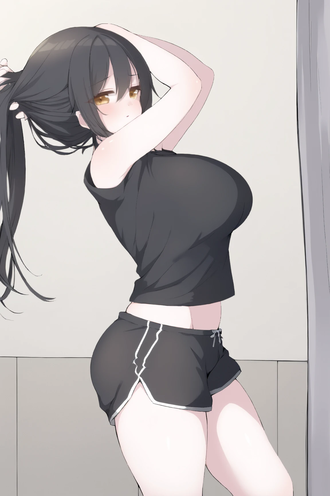 nsfw,1girl,(black hair:1.3),front view,chest_sarashi only,best quality,very aesthetic,absurdres,slacks,cowboy shot,cleavage,side-locks,looking at viewer,under