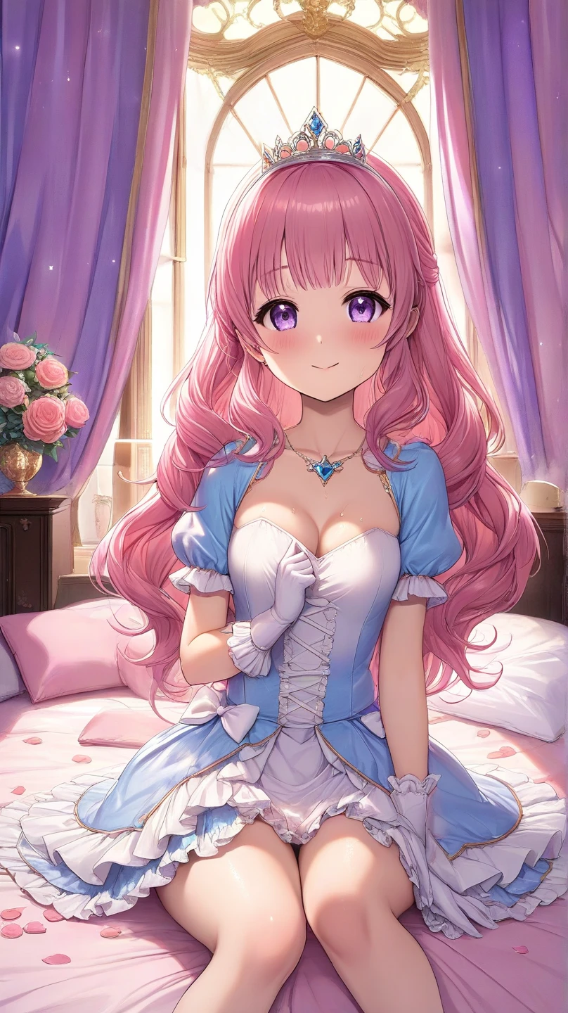 ((Extremely detailed depiction, Super detailed, Exquisite quality, Ultra-high resolution)), (upper body:1.5), ((Transparent gown)), ((A Rococo Victorian gown featuring a voluminous, huge, full-length hoop skirt and a long hem, Princess style skirt))), (Glorious reflection, prism, Pure white gown), ((A skirt with complex multi-layered frills)), (((ソロの若いprincess))), Ultra-detailed and detailed face, Very cute face, Cute Smile, Pink twin tails, Fluffy and smooth curly hair, Expressive hair, Super voluminous long hair, (Blunt bangs, princess_cut), Huge breasts, Cleavage, (Focus on the face:1.5), (((Chin resting on hand, looking at viewer, leaning forward, from front view:1.7))), (from above:0.5), Super detailedな肌, Skin Dentition, Eyes Blue Eyes, (((Perfect Anatomy))), Colorful flowers in full bloom, (((Surrounded by lots of flowers))), Depth of written boundary, Particle Effects, Caustics,