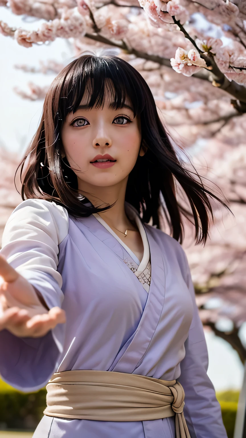 Hinata Hyuga from Naruto, performing a graceful dance under a blooming cherry blossom tree during Hanami (flower viewing) festival. Soft sunlight filters through the branches, creating interwoven patterns of light and shadow on her kimono. Her lavender eyes reflect the falling petals, while her long dark hair flows gently in the breeze. The scene is cinematic, with a shallow depth of field focusing on her serene expression and the delicate motion of her hands forming a gentle hand seal. The background is a dreamy blur of pink and white cherry blossoms, with faint chakra energy glowing around her figure. Ultra-detailed, anime-style, vibrant colors, and soft lighting to enhance the romantic atmosphere.