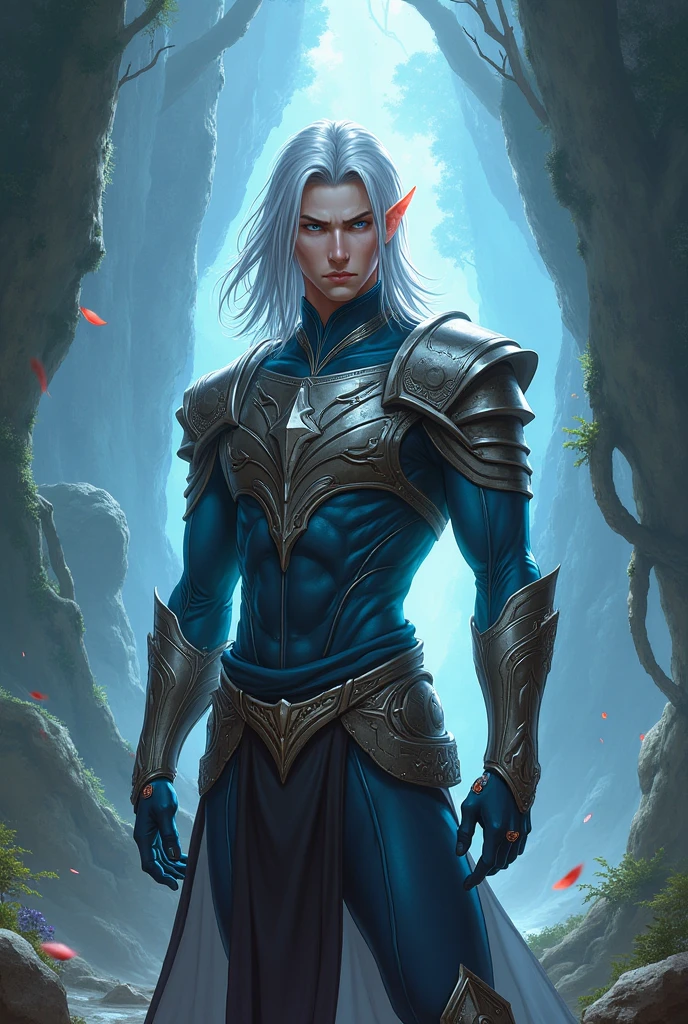 HD, Painted, Beautiful, Stunning, Portrait, Looking Sideways, Character, Concept Art, Male Elf Sorcerer, Half-Elf, Blue Mage Robe, Serious, Grim, Spiky Hair, Holding a Staff