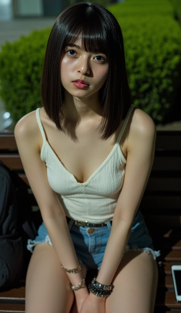 Naked Japanese woman, 20 years old, with shiny medium-short hair and light Asian skin tone sitting on a deserted park bench Night Park Nude coat open at the front mask Dildo masturbation while looking at the camera