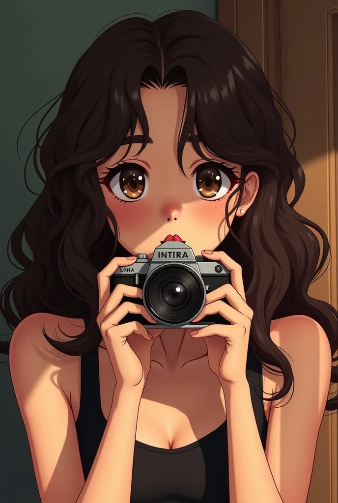 Anime girl with short curly black hair, dark brown eyes, thesis morena clara, big chest, ear piercing, somewhat thick lips, especially the upper one, taking a selfie photo, with a necklace and a nice black blouse