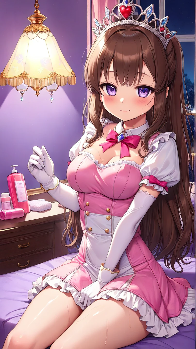 top-quality、extremely delicate and beautiful、Soio、Soio、8-year-old little girl、japanes、Lori、Chiquita、elementary student、A dark-haired、((Pink leotard))、（highleg）dress room、、Tiara on the head、A smile、is standing、Facing the front