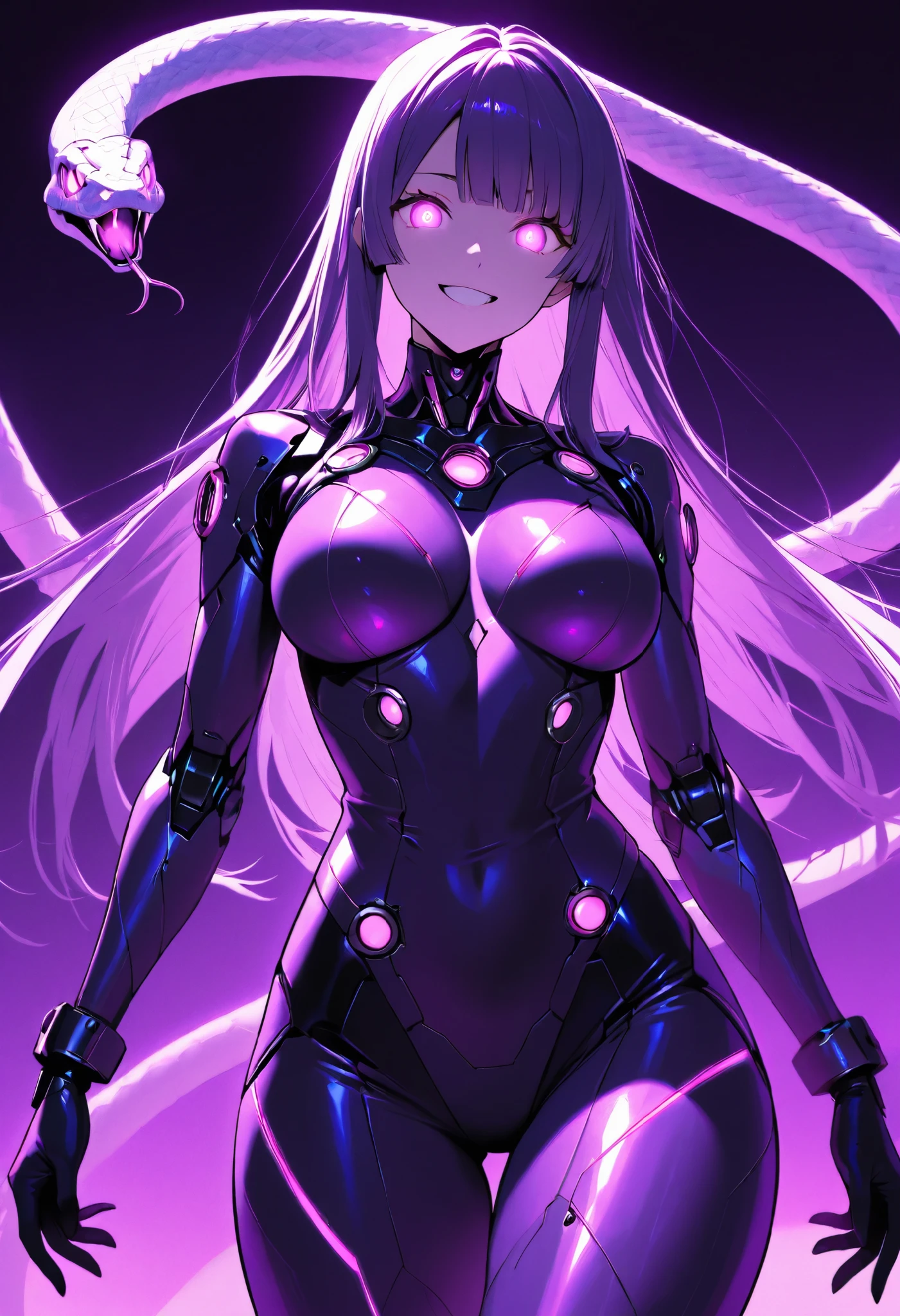 Sci-fi style girl. Mechanical bodysuit. Purple image color. Long hair. Straight hair. Even bangs. Smiling. Glowing eyes. Multiple snakes growing from body. Mechanical snake. Thighs. Thick legs. Breasts perky.