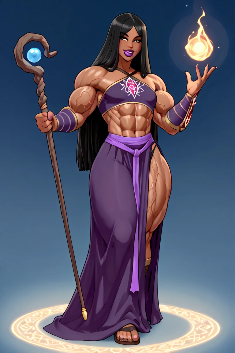 Appearance
Gender: Female
Age: Mature
Race: Drow (elf with dark skin and white hair)
Height: Full-body
Skin: Gray
Hair: White
Eyes: Purple
Attire: Bikini, revealing abdominal muscles
Accessories: Large earrings, ragged rags, chain necklace
