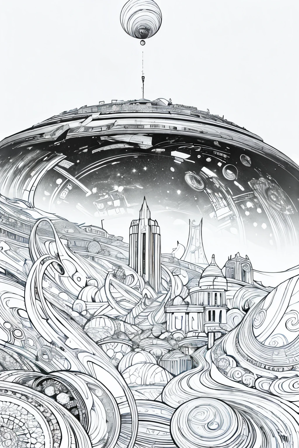 As a coloring book, the color should be black and white, the border should be simple, Add more white space, official art, wallpaper, very detailed, Masterpiece, top quality, real portrait , (ZenTangle, Mandala, Tangle, EnTangle), Complicated clothes, very detailed, dynamic angle, the most beautiful form of chaos , elegant, brutalist design,(bosquejo). ((A forgotten city of golden ruins, floating in the void of space, illuminated by the light of an enormous gas giant.))