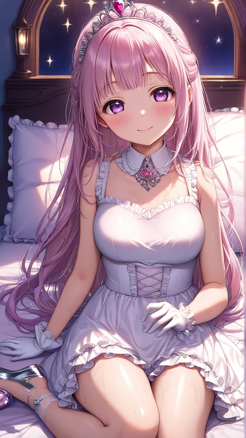 very delicate and beautiful girl,8k wallpaper,masterpiece,danntoudainoaura,Bedroom,1 girl,alone,devil's horns,devil girl,long hair,medium breasts,elbow bag,((black thigh high socks)),boots,choker,((Wedding dress)),(sit on bed),looking at the viewer、Photo from below、((sit cross-legged))、(bouquet)、long skirt