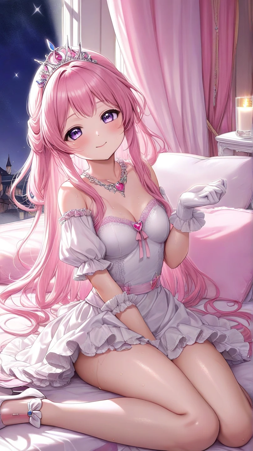 女の子1人、encrusted with pink and red hearts、、Too large breasts、cleavage of the breast、Dress with plenty of pink heart lace.、Large ribbon、lace cape、Lace veil、Eyes of Hearts、Her pale, Soft, Long hair studded with pale hearts..、A smile、Navel Ejection、pink hearts and frills、Princess Heartluffy cute background、pale heart、Pastel tones、Collect hearts under the sunlight、heart girl