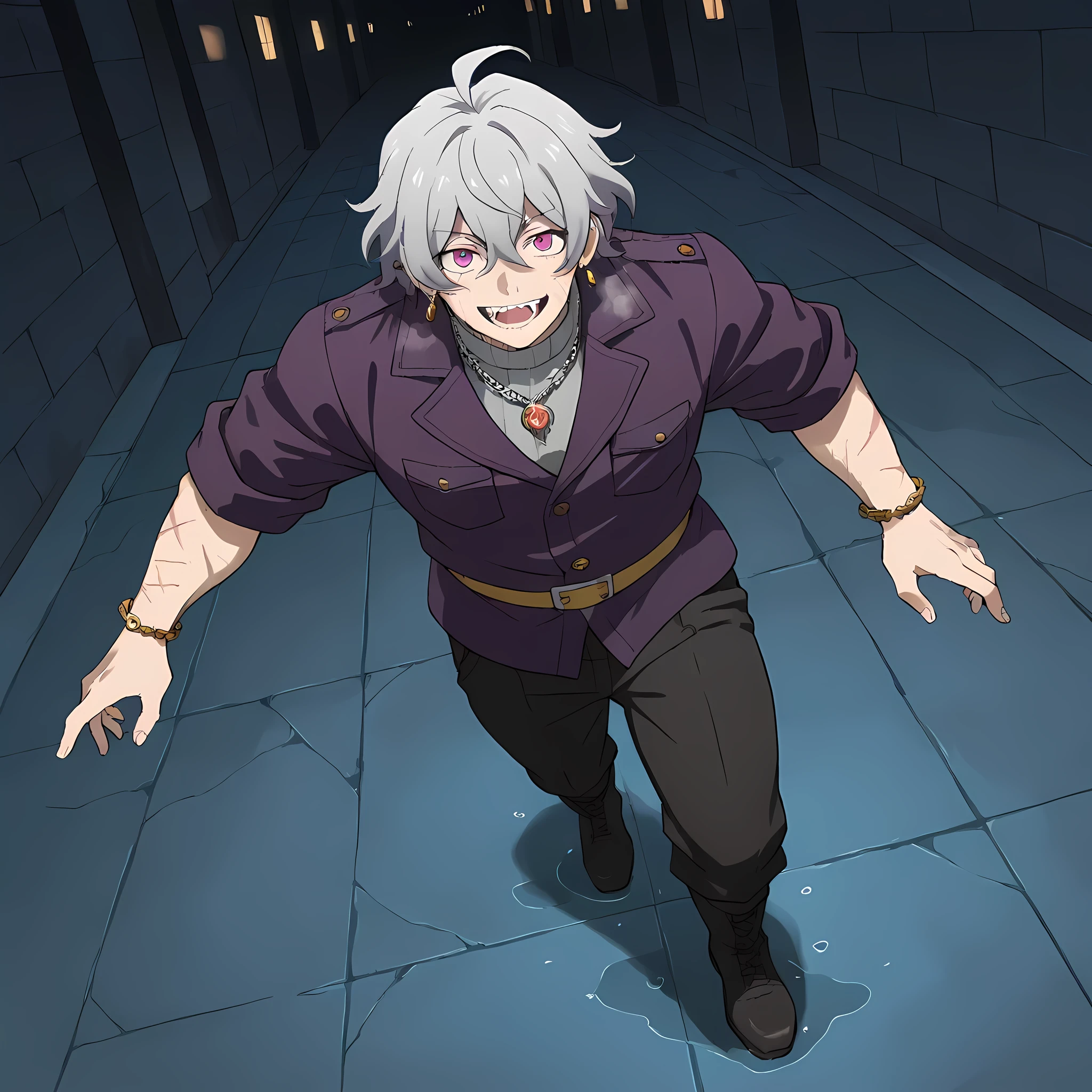 {man1}:(man1 who looks like Manjiro Sano, human ears, thirty-two year old man, wavy hair, strong-bodied man, developed physique: 1.2, muscular body: 1.2, purple jacket, gray turtleneck underneath the jacket, gold belt on long pants, black army pants, silver chain attached to the side of the pants, black leather boots, thorn bracelets on the arms, scars on the arms, burn marks on the cheeks to the middle of the neck, earrings with a waning moon pendant, short gray hair quite messy to the height of the ears, hair covering the eyes, hair tips dyed purple, eyebrows in the shape of gray flames, pink eyes, ahoge hair, heavy breathing, (man1 walking through the alley of a dark medieval city, wet concrete floor, small rats running along the sides of the alley, people fallen and bloody near the walls, man1 looking forward with a sarcastic and fearless look, smile of madness, sharp fangs) | ((Ano Danchi no Tsuma-tachi wa... The hentai style of animation:1.4)), ((better image quality, better sharpness, better saturation, better vibrancy, better color balance, better shading, full HD, better quality of facial details)), ((fantasy anime style medieval town, richly detailed scenery, better resolution, richness of scene details, lighting balance)), (high angle).
