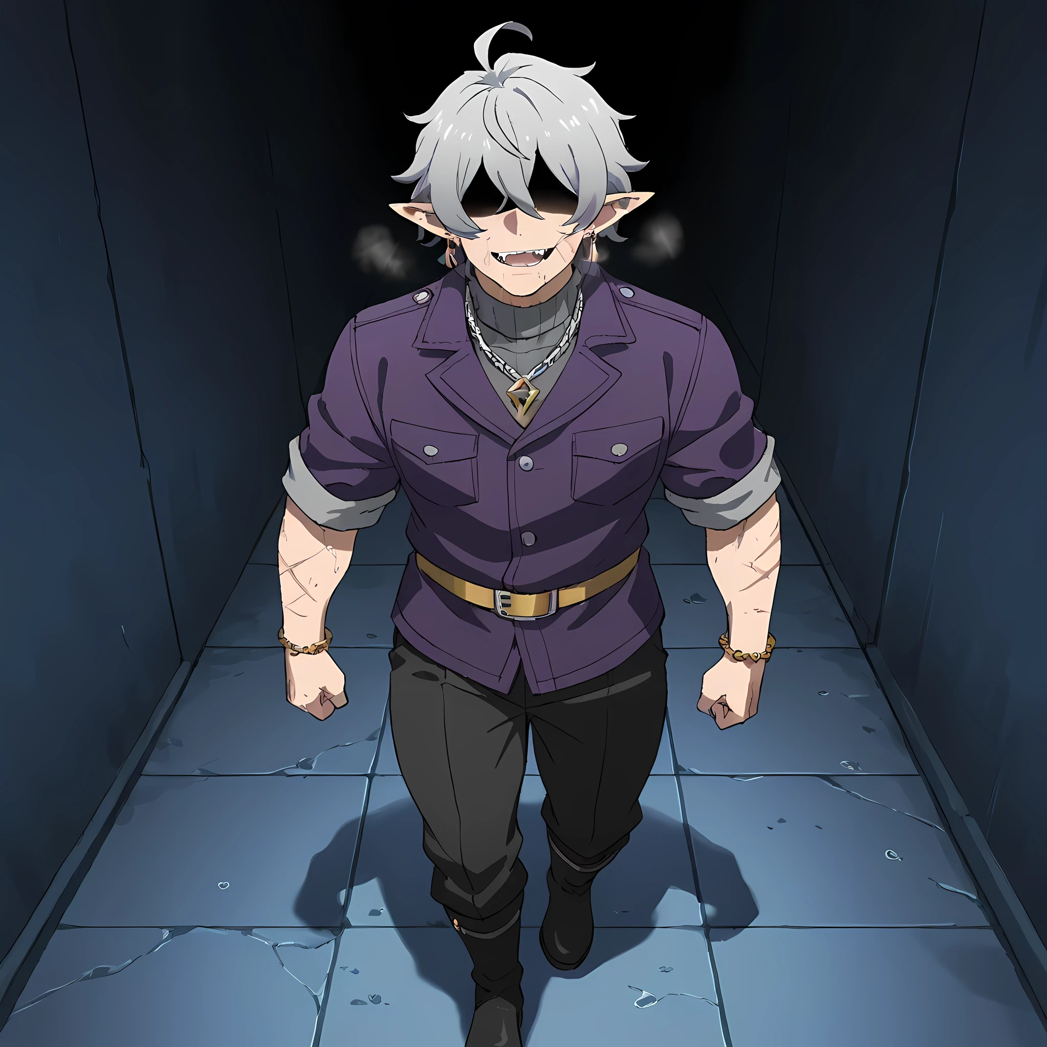 {man1}:(man1 who looks like Manjiro Sano, human ears, thirty-two year old man, wavy hair, strong-bodied man, developed physique: 1.2, muscular body: 1.2, purple jacket, gray turtleneck underneath the jacket, gold belt on long pants, black army pants, silver chain attached to the side of the pants, black leather boots, thorn bracelets on the arms, scars on the arms, burn marks on the cheeks to the middle of the neck, earrings with a waning moon pendant, short gray hair quite messy to the height of the ears, hair covering the eyes, hair tips dyed purple, eyebrows in the shape of gray flames, pink eyes, ahoge hair, heavy breathing, (man1 walking through the alley of a dark medieval city, wet concrete floor, small rats running along the sides of the alley, people fallen and bloody near the walls, man1 looking forward with a sarcastic and fearless look, smile of madness, sharp fangs) | ((Ano Danchi no Tsuma-tachi wa... The hentai style of animation:1.4)), ((better image quality, better sharpness, better saturation, better vibrancy, better color balance, better shading, full HD, better quality of facial details)), ((fantasy anime style medieval town, richly detailed scenery, better resolution, richness of scene details, lighting balance)), (high angle).