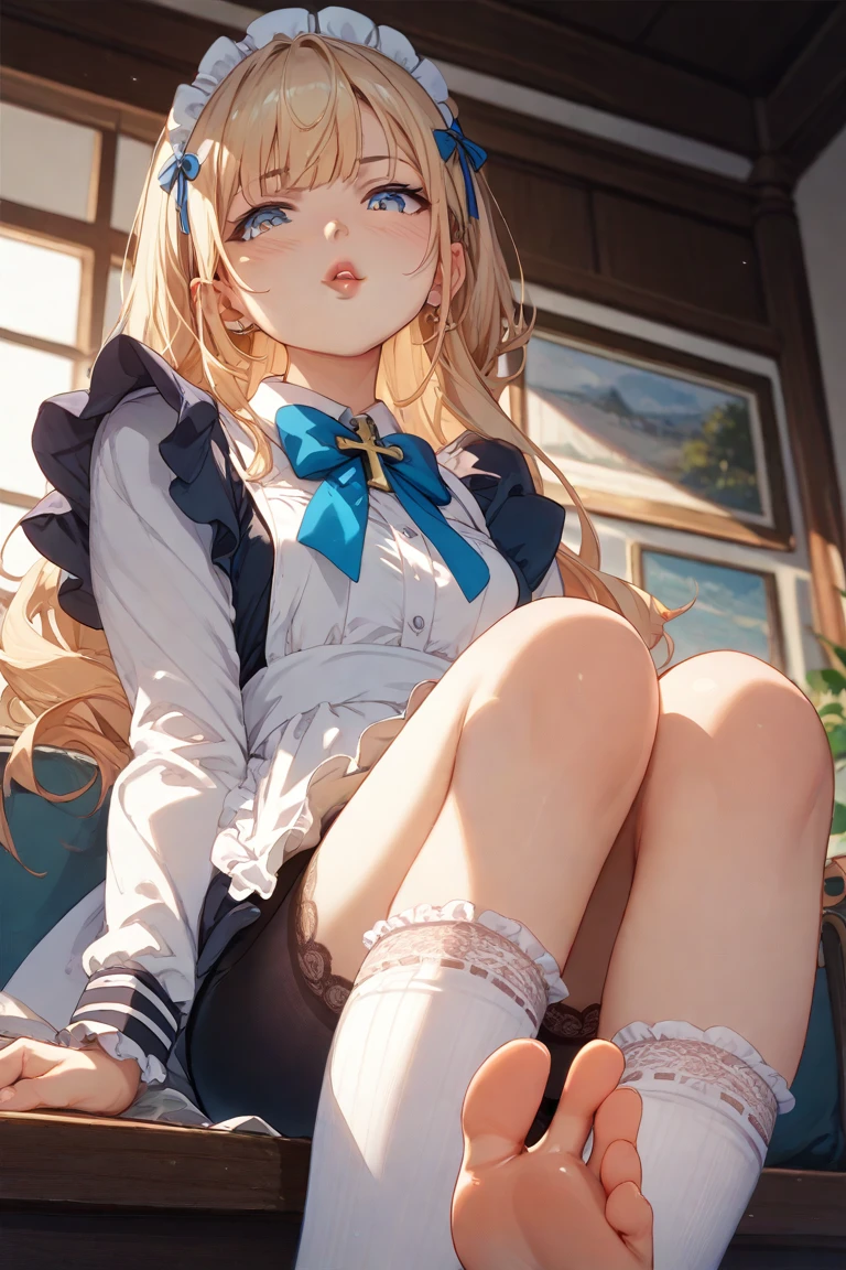 masterpiece, highest quality, Very detailed, 16k, Ultra-high resolution、One 14-year-old girl, Detailed face、Perfect Fingers, blue eyes, Blonde, Braid, White panties, White blouse, Black vest, Japanese-style room, Tatami room, Japanese cushion, Sit with both knees up
