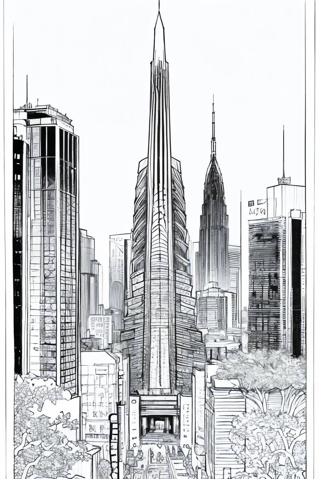 As a coloring book, the color should be black and white, the border should be simple, Add more white space, official art, wallpaper, very detailed, Masterpiece, top quality, real portrait , (ZenTangle, Mandala, Tangle, EnTangle), Complicated clothes, very detailed, dynamic angle, the most beautiful form of chaos , elegant, brutalist design,(bosquejo). ((A neon-lit city where magic and technology intertwine, with arcane runes glowing on futuristic skyscrapers.))
