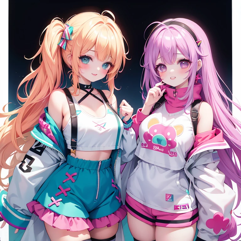 realistic image, coherent image, detailed image, 1 girl, long hair, pink hair, wearing hair accessories with blue and yellow cubes on the right side, light blue eyes, delicate oval face, blushing, wearing a crop top, pleated miniskirt, sports shoes, big breasts, curvy body, thick thighs, shy pose, black background, uniform bottom,