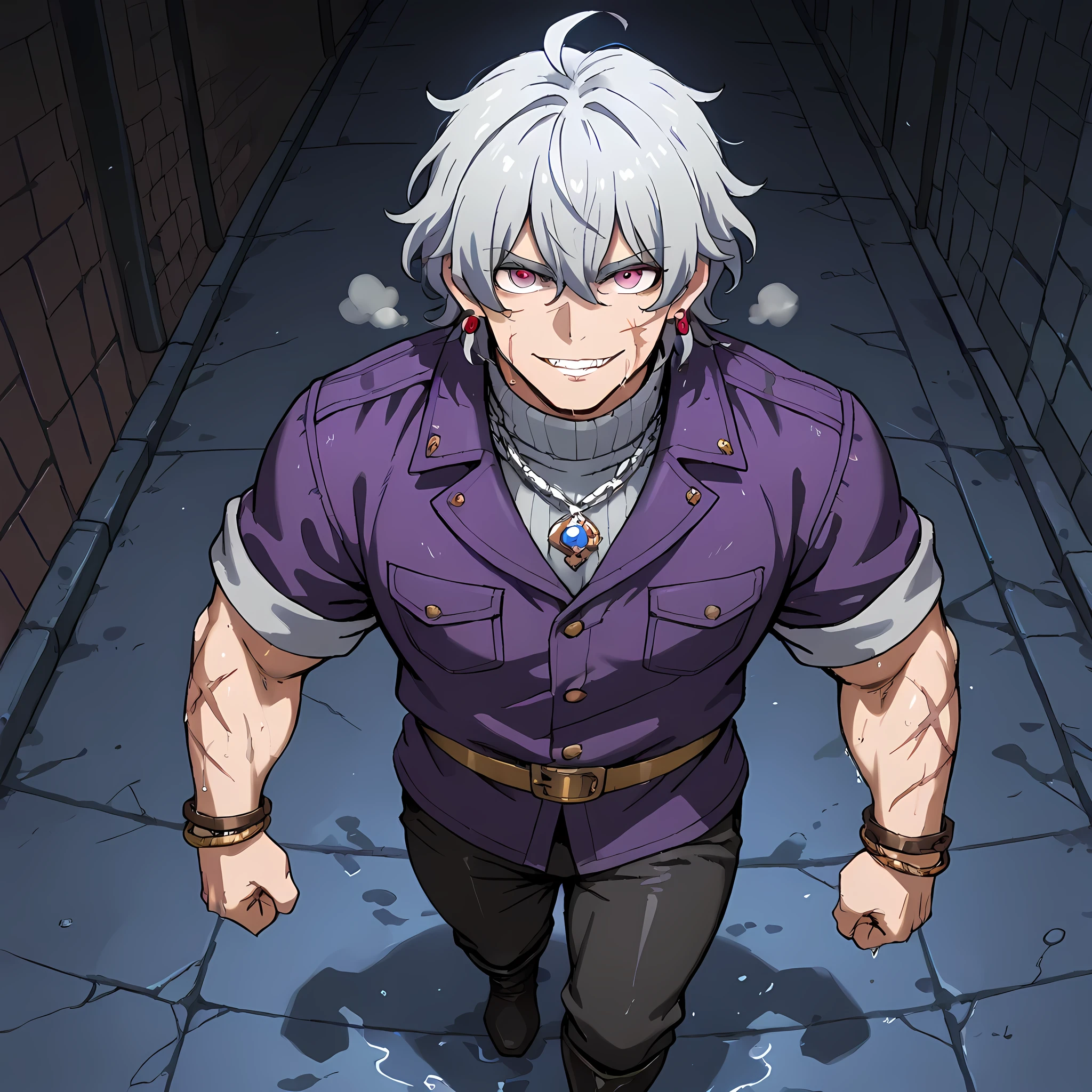 {man1}:(man1 who looks like Manjiro Sano, human ears, thirty-two year old man, wavy hair, strong-bodied man, developed physique: 1.2, muscular body: 1.2, purple jacket, gray turtleneck underneath the jacket, gold belt on long pants, black army pants, silver chain attached to the side of the pants, black leather boots, thorn bracelets on the arms, scars on the arms, burn marks on the cheeks to the middle of the neck, earrings with a waning moon pendant, short gray hair quite messy to the height of the ears, hair covering the eyes, hair tips dyed purple, eyebrows in the shape of gray flames, pink eyes, ahoge hair, heavy breathing, (man1 walking through the alley of a dark medieval city, wet concrete floor, small rats running along the sides of the alley, people fallen and bloody near the walls, man1 looking forward with a sarcastic and fearless look, smile of madness, sharp fangs) | ((Ano Danchi no Tsuma-tachi wa... The hentai style of animation:1.4)), ((better image quality, better sharpness, better saturation, better vibrancy, better color balance, better shading, full HD, better quality of facial details)), ((fantasy anime style medieval town, richly detailed scenery, better resolution, richness of scene details, lighting balance)), (high angle).